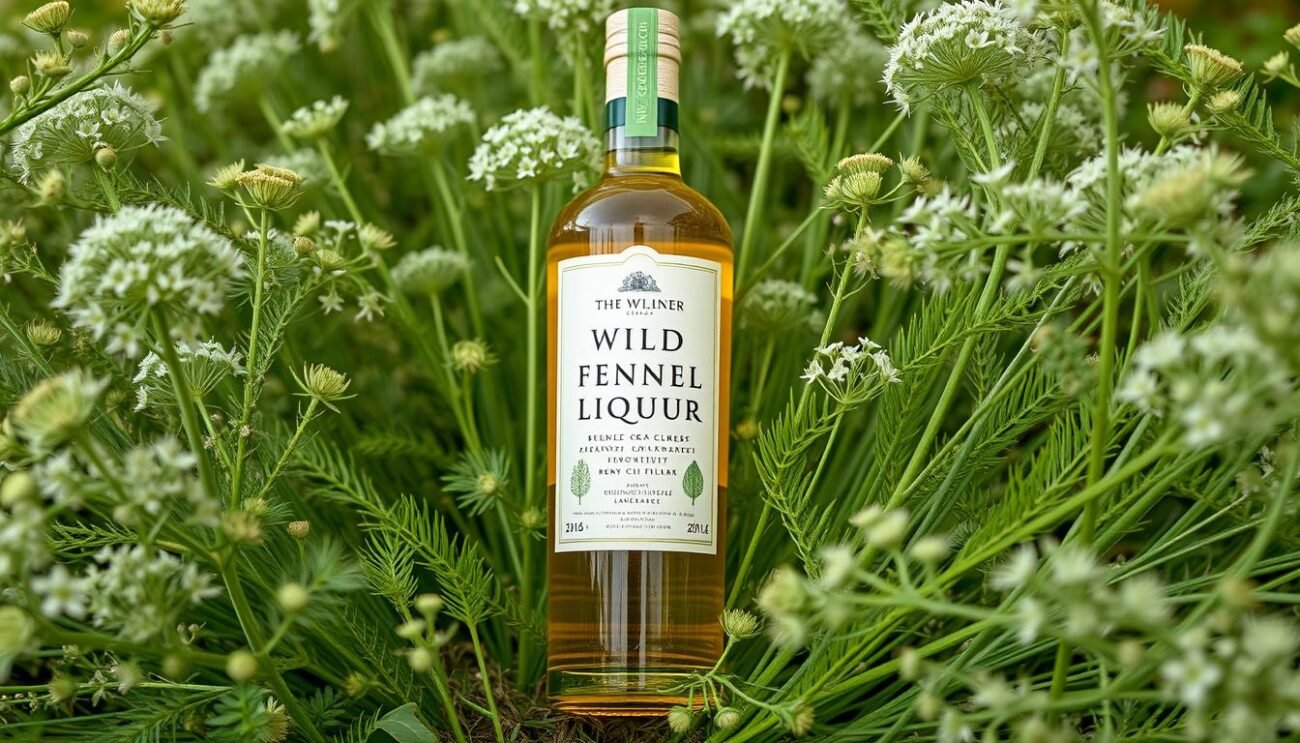 Immagine di una bottiglia di Liquore al Finocchietto Selvatico con finocchietto selvatico intorno