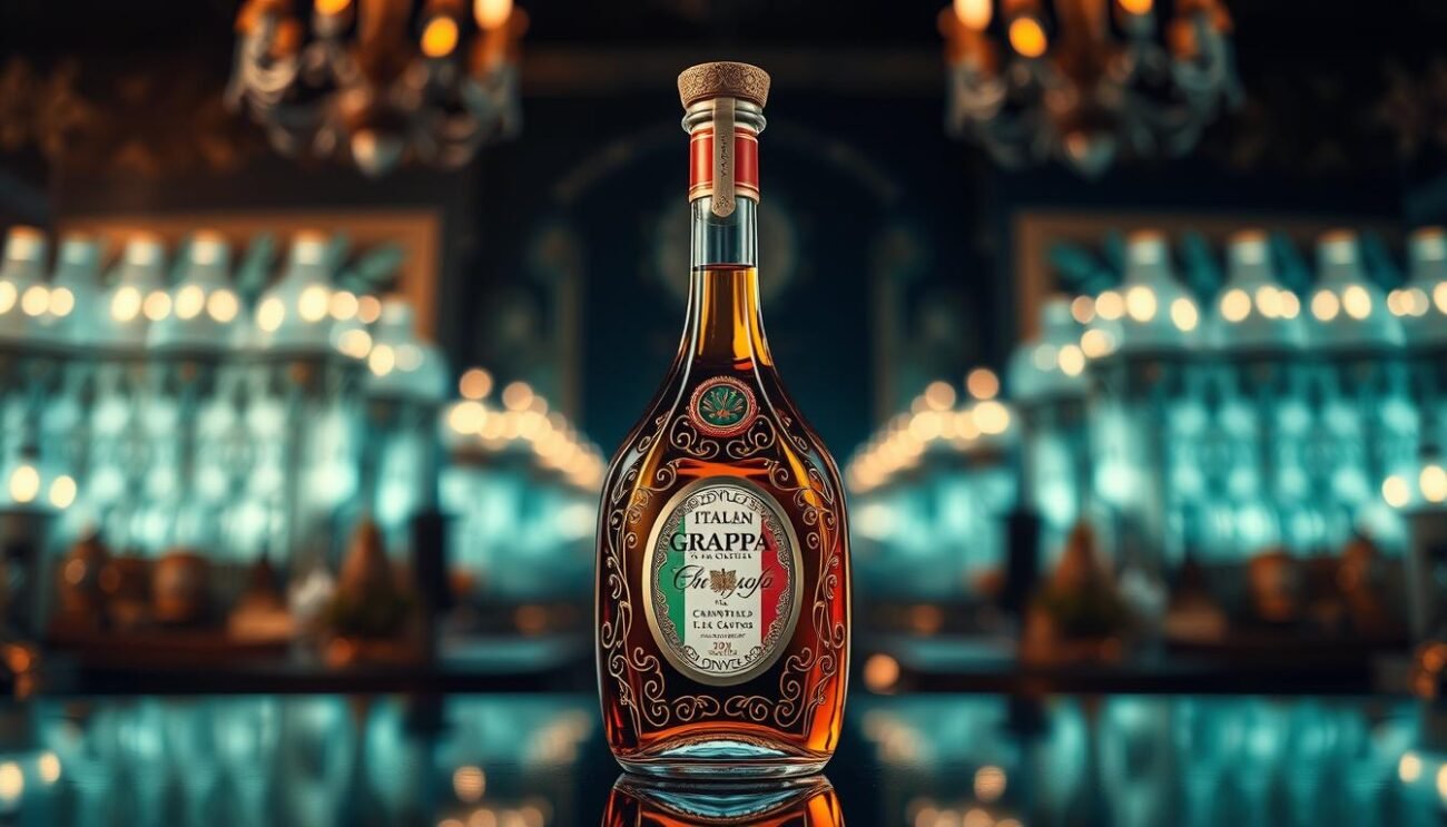 Immagine di una bottiglia di grappa aromatizzata italiana Immagine di una bottiglia di grappa aromatizzata italiana