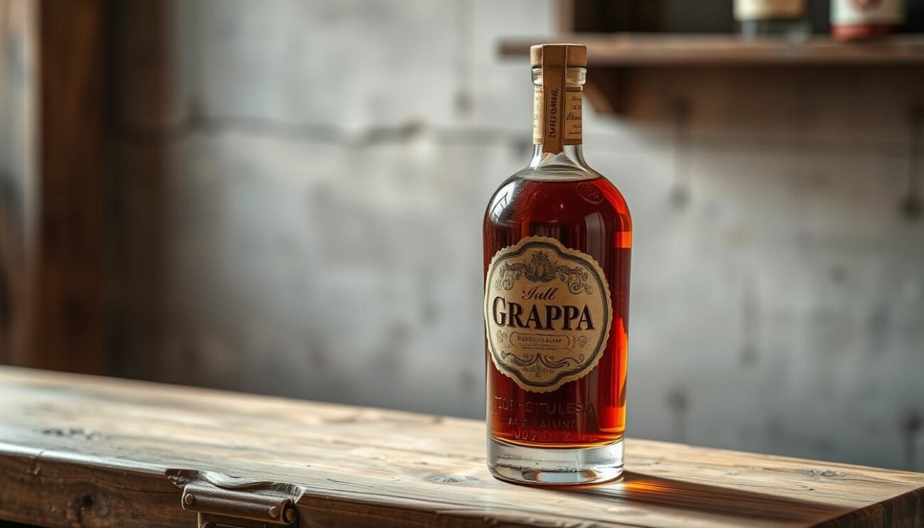Immagine di una bottiglia di grappa invecchiata italiana Immagine di una bottiglia di grappa invecchiata italiana
