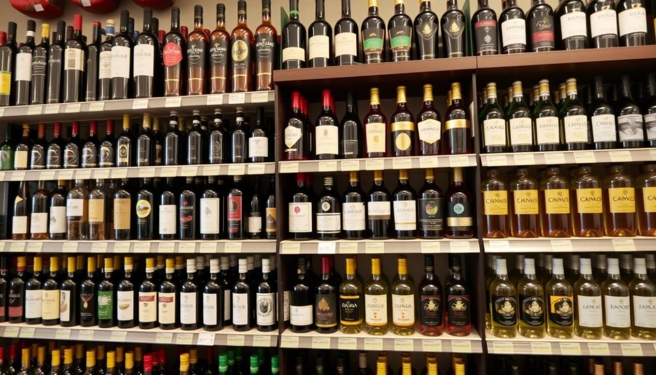 Immagine di una enoteca specializzata con scaffali pieni di bottiglie di distillati italiani