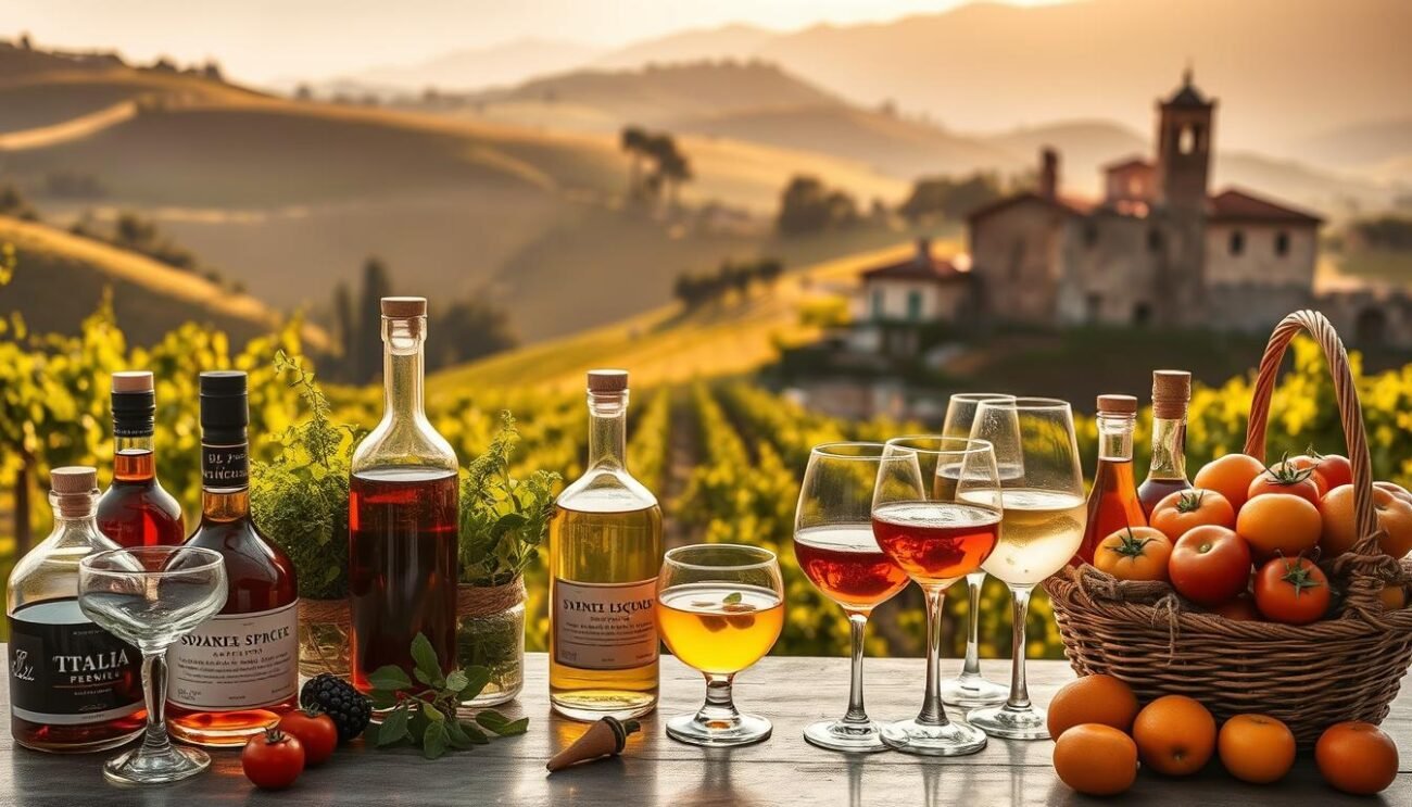 Lush Italian countryside, sun-drenched vineyards, and artisanal food production. A high-contrast, cinematic scene showcasing the rich diversity of Italian culinary ingredients and traditions. In the foreground, an assortment of premium liqueurs, infused spirits, and artisanal bitters in elegant glassware. In the middle ground, baskets overflowing with vibrant produce - fresh herbs, heirloom tomatoes, and fragrant citrus. In the background, rolling hills, ancient stone structures, and a warm, golden-hour lighting that casts a nostalgic glow over the entire composition. Capture the essence of "Sapori Italiani" - the flavors, the craftsmanship, and the timeless allure of Italy's innovative, alternative distillation practices. Lush Italian countryside, sun-drenched vineyards, and artisanal food production. A high-contrast, cinematic scene showcasing the rich diversity of Italian culinary ingredients and traditions. In the foreground, an assortment of premium liqueurs, infused spirits, and artisanal bitters in elegant glassware. In the middle ground, baskets overflowing with vibrant produce - fresh herbs, heirloom tomatoes, and fragrant citrus. In the background, rolling hills, ancient stone structures, and a warm, golden-hour lighting that casts a nostalgic glow over the entire composition. Capture the essence of "Sapori Italiani" - the flavors, the craftsmanship, and the timeless allure of Italy's innovative, alternative distillation practices.