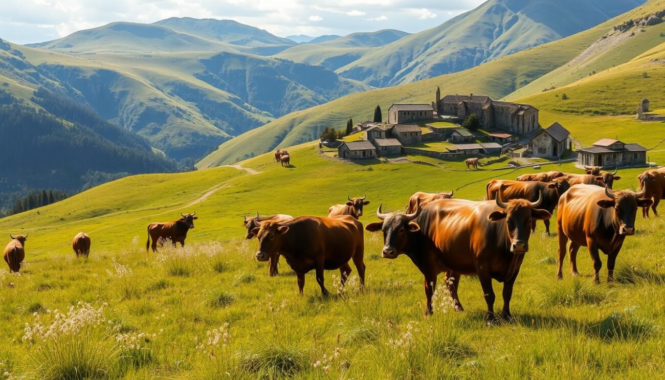 Majestic mountain pastures, verdant meadows where herds of livestock graze lazily in the warm sunlight. Sleek, well-fed cattle, their coats gleaming, peacefully munching on the lush, fragrant grasses. In the distance, rolling hills dotted with ancient stone farmhouses, their weathered facades blending seamlessly with the rugged landscape. Gentle breezes stir the tall, swaying wildflowers, casting dancing shadows across the scene. The air is filled with the soothing sounds of tinkling bells and the contented lowing of the animals. This idyllic pastoral setting, high in the mountains, holds the secret to meat of exceptional flavor and tenderness.