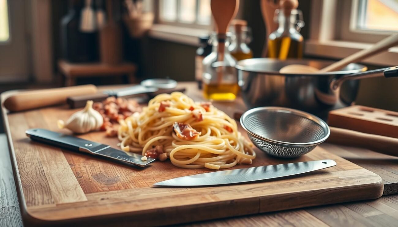 On a wooden surface, a collection of kitchen utensils used in the preparation of pasta with artichokes and pancetta. In the foreground, a sharp knife, a wooden cutting board, and a stainless steel strainer. In the middle ground, a garlic press, a small bowl, and a wooden spoon. In the background, a sauté pan and a jar of olive oil, all bathed in warm, natural lighting from a nearby window, creating a cozy and inviting atmosphere for the preparation of this classic Italian dish. On a wooden surface, a collection of kitchen utensils used in the preparation of pasta with artichokes and pancetta. In the foreground, a sharp knife, a wooden cutting board, and a stainless steel strainer. In the middle ground, a garlic press, a small bowl, and a wooden spoon. In the background, a sauté pan and a jar of olive oil, all bathed in warm, natural lighting from a nearby window, creating a cozy and inviting atmosphere for the preparation of this classic Italian dish.