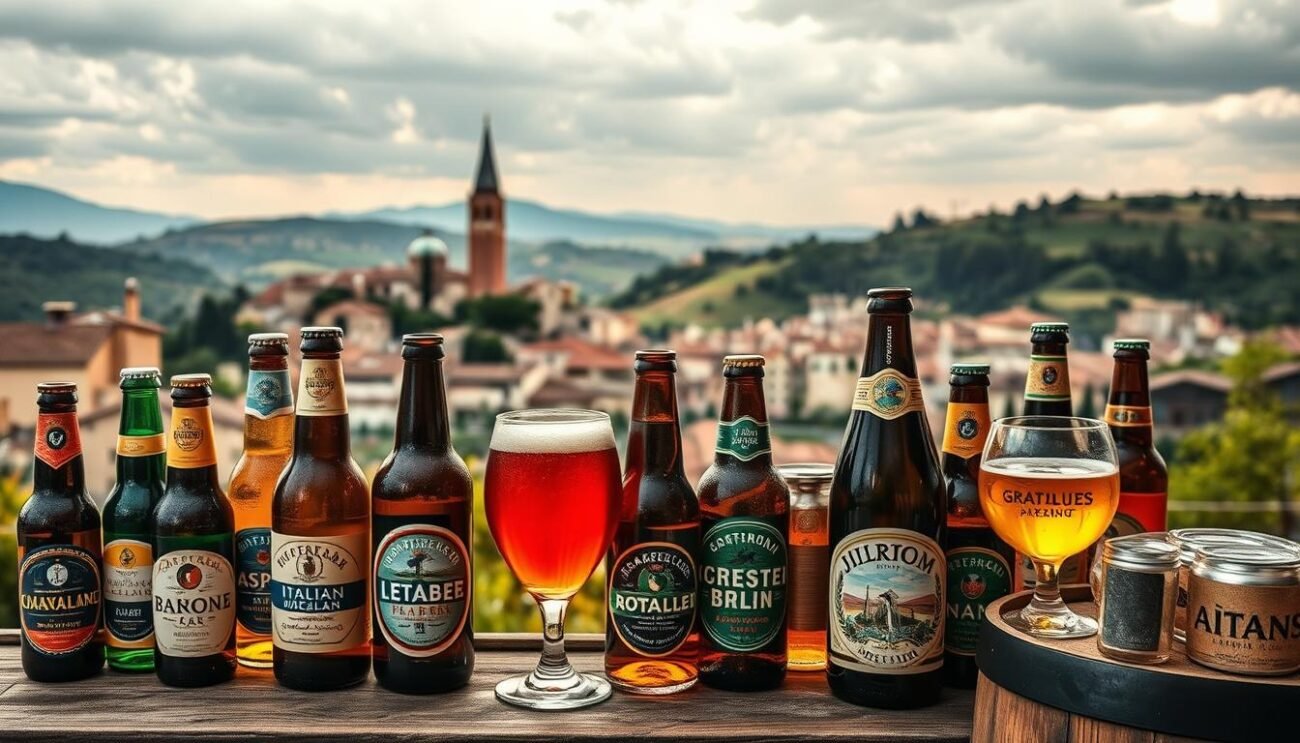 Panoramic vista of the vibrant Italian craft beer landscape. A diverse array of artisanal brews, each with its own unique character and flavor profile, artfully displayed against a backdrop of rustic Italian architecture and rolling hills. Warm, golden lighting illuminates the scene, evoking a convivial atmosphere. Intricately detailed labels and bottles showcasing the creativity and passion of Italian brewers. Inviting tasting glasses and wooden barrels hint at the artisanal techniques and local ingredients that define the craft beer renaissance sweeping across Italy. A harmonious composition that captures the spirit of Italian beer culture in all its glory.