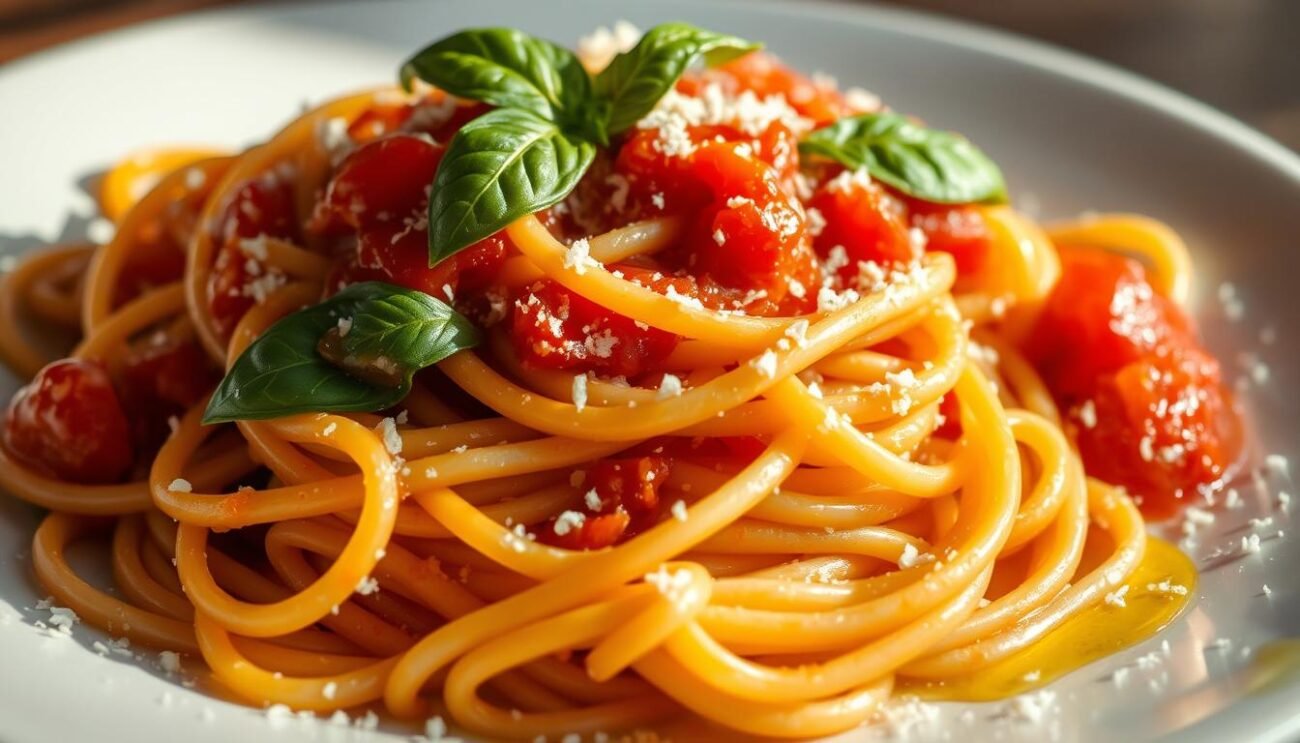 Pasta Integrale: a heaping plate of al dente whole-grain pasta, dressed in a light tomato sauce with fresh basil leaves. The pasta glistens under soft, warm lighting, casting gentle shadows across the textured surface. A sprinkle of grated Parmesan cheese and a drizzle of olive oil complete the scene, evoking the rustic charm of an Italian trattoria. The image conveys the wholesome, nourishing properties of whole-wheat pasta, in harmony with the article's exploration of balanced portion sizes for a healthy diet.