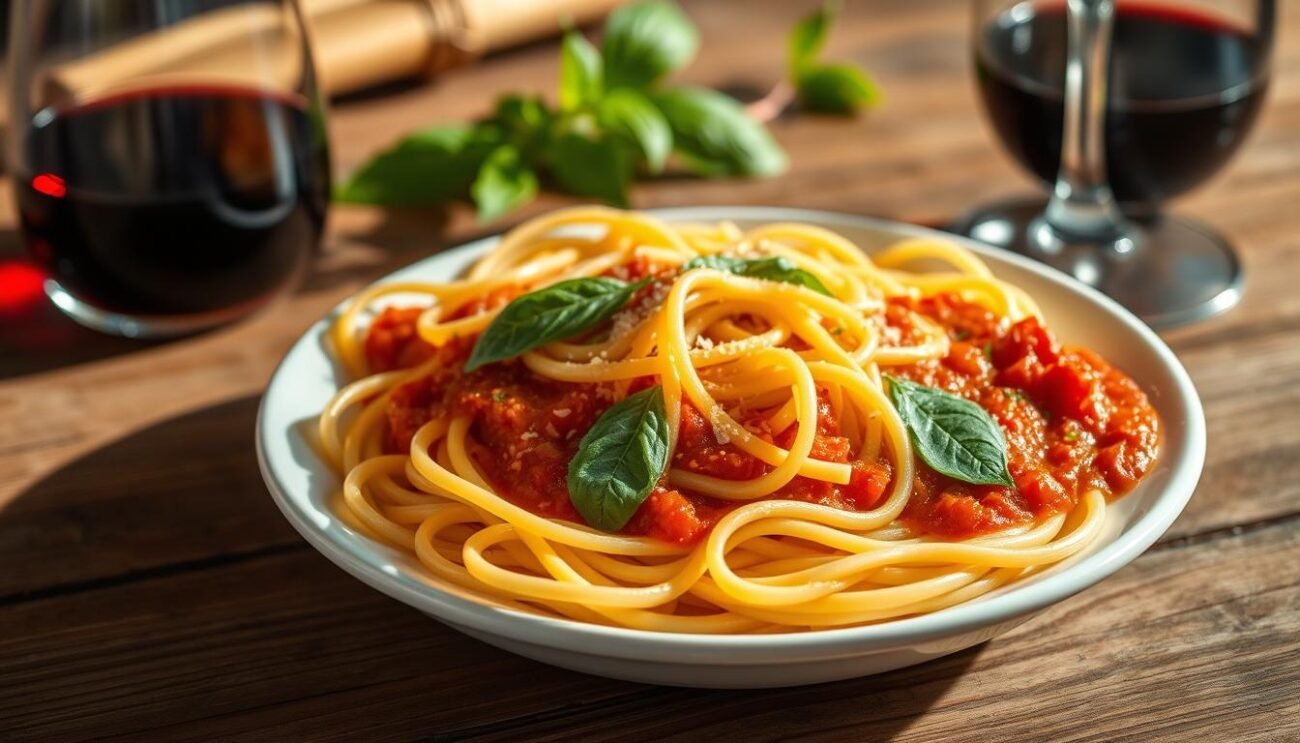 Perfectly al dente pasta, still firm yet tender, glistening in the light. The vibrant sauce clings to the noodles, a rich tomato hue with flecks of fresh basil. Steaming hot, the aroma of garlic and olive oil fills the air. A simple yet elegant dish, presented on a rustic wooden table, with a glass of robust red wine nearby. Soft shadows and warm lighting create an inviting, authentic Italian atmosphere. Capture the essence of pasta al dente - the ideal texture, flavors, and presentation that nourish both body and soul.