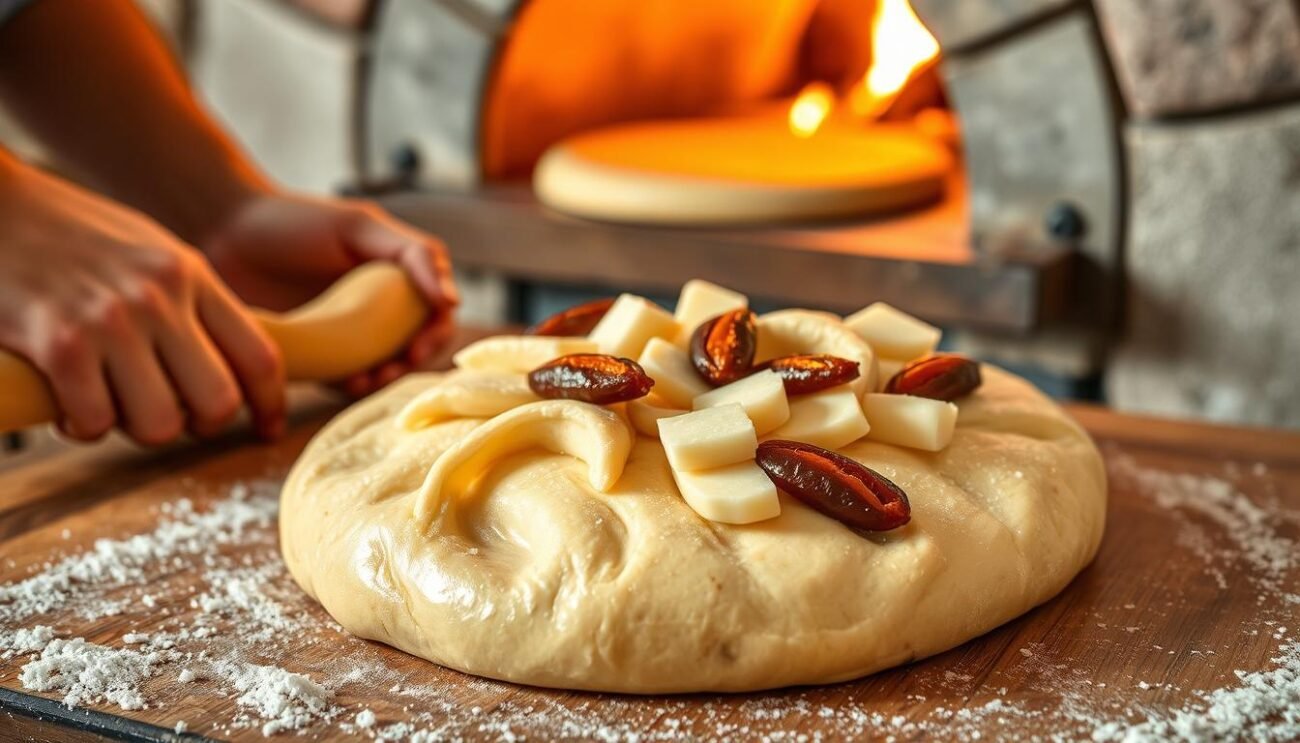 Preparazione sciacciata catanese: a freshly baked Sicilian flatbread, its golden crust glistening under warm, natural lighting. In the foreground, skilled hands knead and stretch the supple dough, revealing its pillowy interior. Atop the dough, crescents of creamy tuma cheese and briny anchovy fillets are arranged with care, their flavors mingling in anticipation. The mid-ground showcases the dough's rise, its edges curling invitingly. In the background, a rustic wood-fired oven stands ready, its hearth aglow, promising to transform this simple yet beloved Sicilian delicacy into a masterpiece of taste and texture.