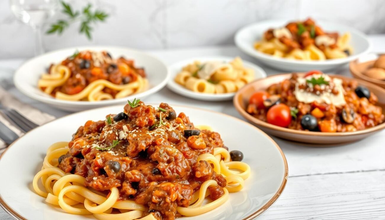Ragù di anatra varianti regionali: una panoramica di deliziose preparazioni tradizionali. In primo piano, un piatto di tagliatelle fresco con ragù di anatra toscano, arricchito con funghi porcini e vino rosso. Sullo sfondo, un piatto di gnocchi con ragù di anatra veneto, condito con erbe aromatiche e scaglie di Parmigiano. Al centro, una casseruola di ragù di anatra emiliano, lentamente cotto con pomodori maturi e spezie. Una scena vivace e appetitosa, che cattura l'essenza della cucina regionale italiana.