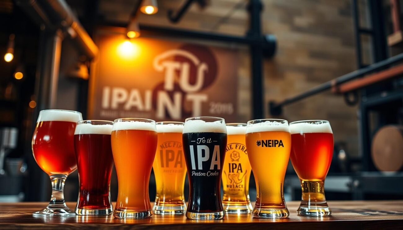 Sottostili IPA: una vivida gamma di stili IPA emergenti, da una West Coast classica e luppolata a una NEIPA cremosa e fruttata. In primo piano, i colori intensi di luppoli e malti, con riflessi dorati e ambrati. Sullo sfondo, un ambiente moderno e industriale, con accenni di artiganalità e di un movimento craft in continua evoluzione. Illuminazione calda e contrastata, per enfatizzare la complessità e la ricchezza di questa incredibile famiglia di birre. Sottostili IPA: una vivida gamma di stili IPA emergenti, da una West Coast classica e luppolata a una NEIPA cremosa e fruttata. In primo piano, i colori intensi di luppoli e malti, con riflessi dorati e ambrati. Sullo sfondo, un ambiente moderno e industriale, con accenni di artiganalità e di un movimento craft in continua evoluzione. Illuminazione calda e contrastata, per enfatizzare la complessità e la ricchezza di questa incredibile famiglia di birre.