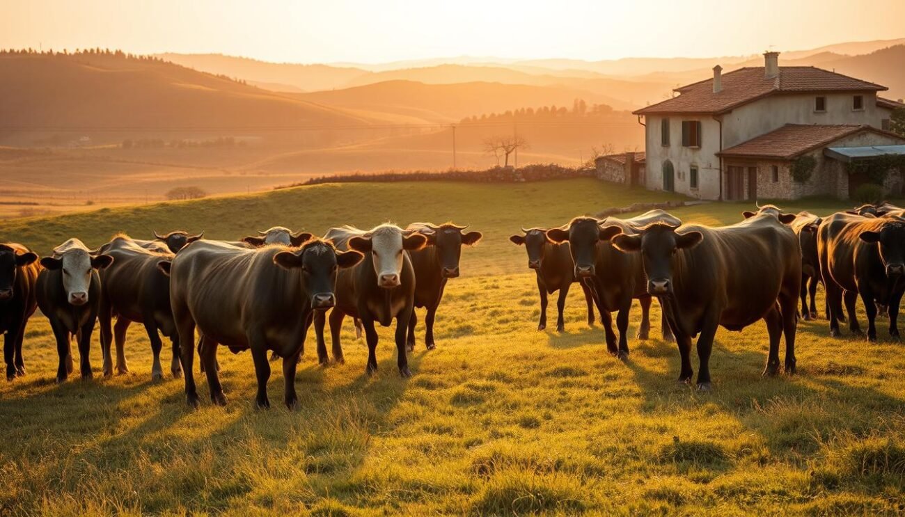 Sprawling pastures, a herd of stately bovine figures grazing peacefully, their thick coats gleaming in the soft, golden light of a countryside sunset. In the distance, rolling hills and a traditional Italian farmhouse, its weathered walls and terracotta roof tiles a testament to generations of agricultural heritage. The scene exudes a sense of timelessness, a visual narrative capturing the enduring connection between the land, the animals, and the people who have tended to them for centuries. A classic, bucolic depiction of "Storia del comune bovino" - the rich history and cultural significance of the humble cow, an integral part of Italy's pastoral landscape.