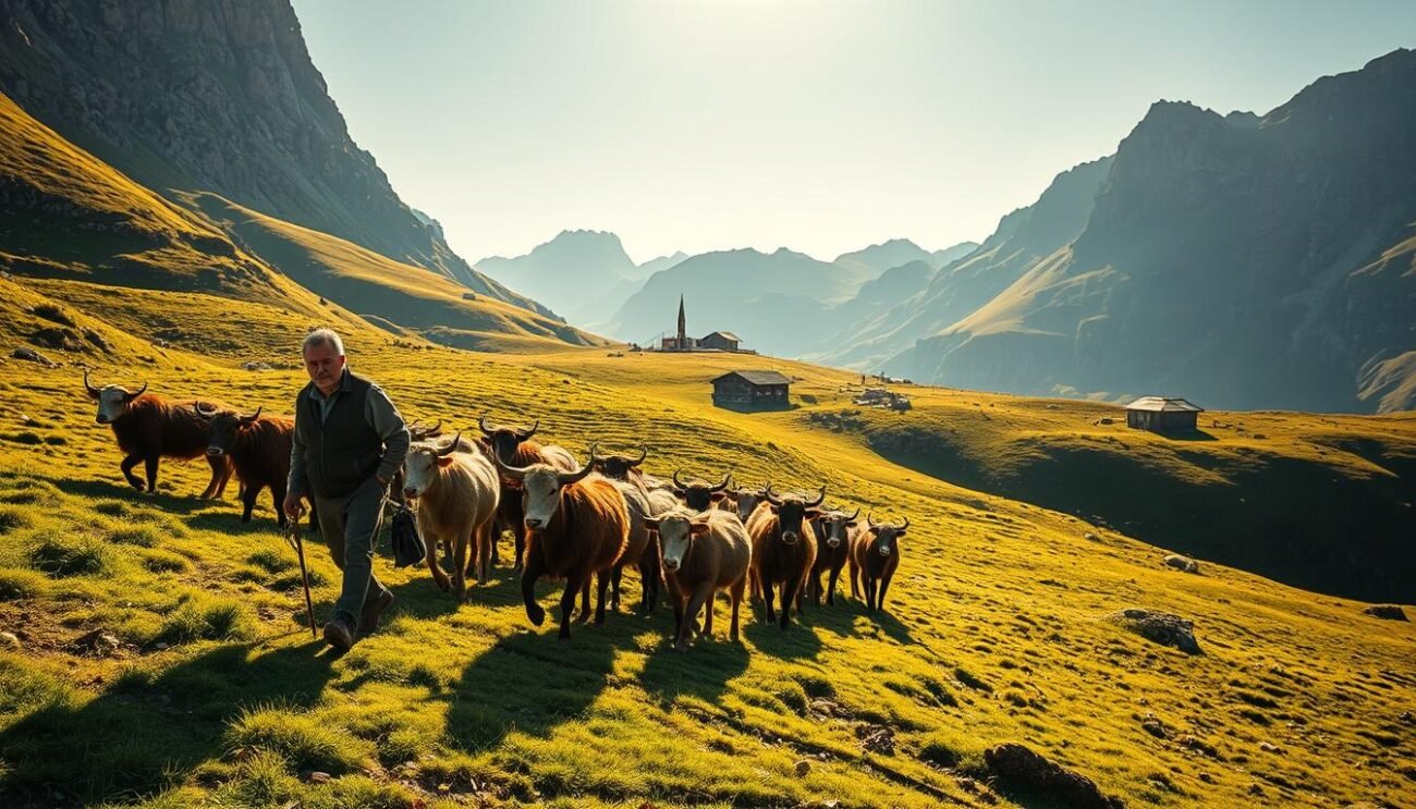 Verdant alpine pastures with innovative grazing systems, where rugged peaks meet lush meadows. A weathered shepherd guides a herd of hardy mountain-adapted livestock, their hooves treading carefully across the undulating terrain. The scene is bathed in warm, golden light, casting long shadows and highlighting the intricate textures of the landscape. In the distance, traditional alpine structures dot the horizon, blending seamlessly with the natural environment. This image captures the harmonious coexistence of innovation and sustainability in mountain livestock farming.