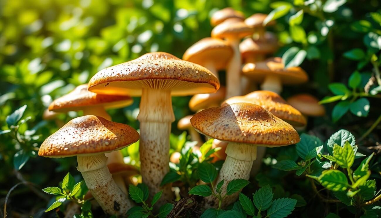 Vibrant Italian mushrooms, their caps glistening with earthy tones, nestled among lush green foliage. Sunlight filters through the scene, casting a warm, inviting glow. In the foreground, several porcini mushrooms stand tall, their thick stems and meaty caps promising a bounty of nutritional benefits. Behind them, a scattering of smaller mushrooms peek out, hinting at the diversity of this fungal wonderland. The background blurs softly, emphasizing the central focus on the porcini's remarkable qualities. Capture the essence of this traditional Italian ingredient, its wholesome properties shining through in a naturalistic, appetizing composition.