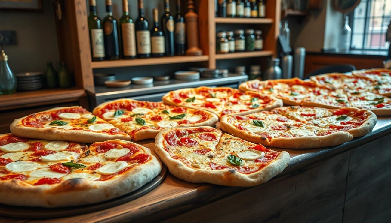 Vibrant Roman pizza al taglio in a quaint trattoria setting. A weathered wooden counter displays a variety of freshly baked pizza slices, their golden crusts glistening under soft, warm lighting. In the background, vintage-style shelves hold aged bottles of olive oil and jars of artisanal toppings. The scene evokes the rich history and traditional craftsmanship of this iconic Roman street food, capturing the essence of its origins and enduring popularity.