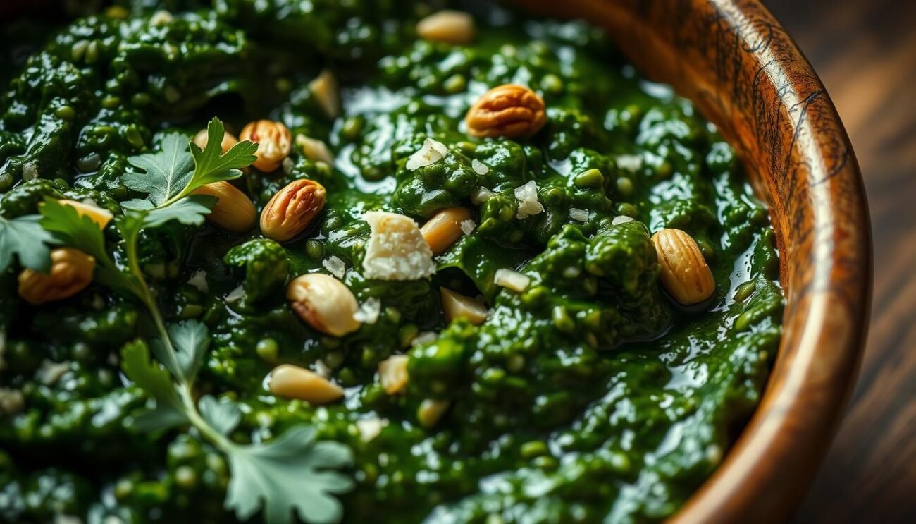 Visually enticing close-up of freshly prepared pesto di cavolo nero, the wintertime alternative to traditional basil pesto. Vibrant green cavolo nero leaves, freshly chopped and combined with toasted pine nuts, garlic, olive oil, and a sprinkle of Parmesan. Warm, Mediterranean-inspired lighting casts a rich, earthy glow over the scene, highlighting the texture and depth of the ingredients. The pesto is presented in a rustic, handcrafted ceramic bowl, evoking a sense of homemade, traditional Italian cuisine. The overall composition and mood convey the comforting, wholesome nature of this seasonal twist on a classic Italian condiment.