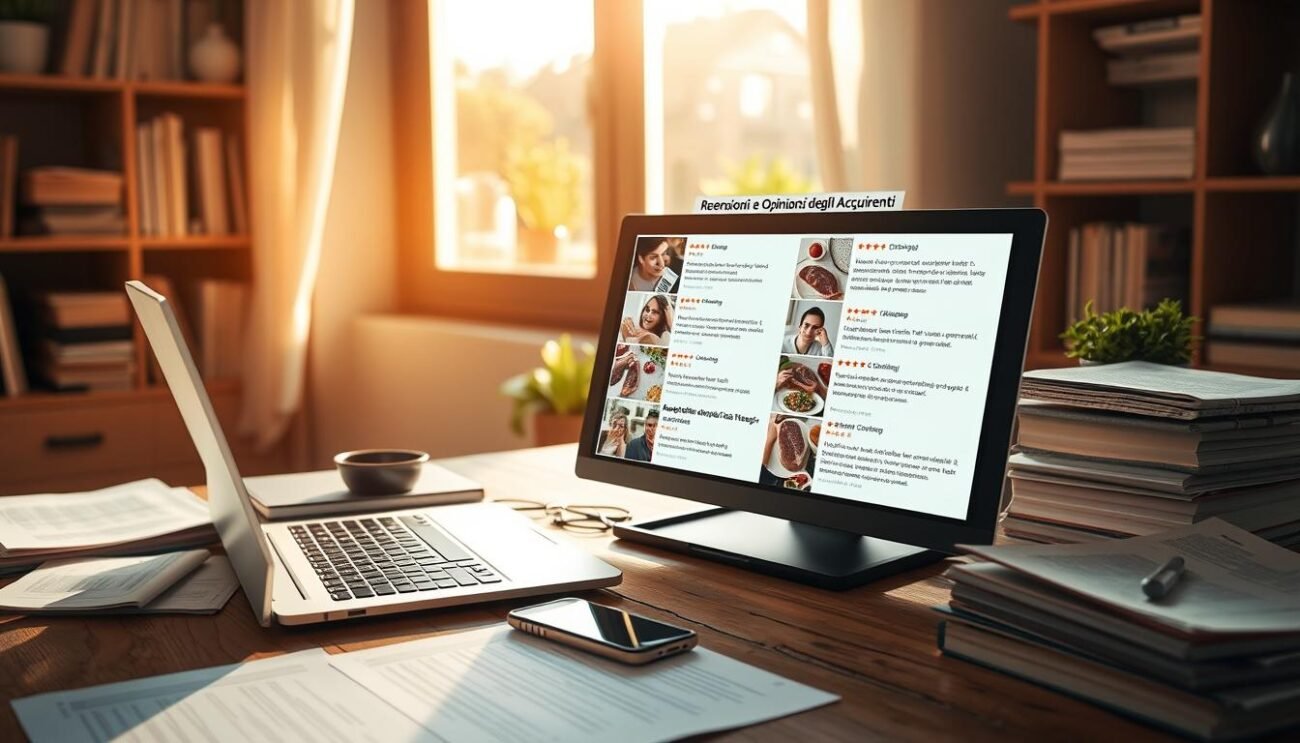 a cozy home office with a laptop, smartphone, and stack of papers on a wooden desk, sunlight streaming through a window, creating a warm, inviting atmosphere; a collage of customer reviews and ratings about online meat purchases displayed on the screen, reflecting the theme of "Recensioni e Opinioni degli Acquirenti"; the scene conveys a sense of research, trust, and informed decision-making around buying meat online in Italy