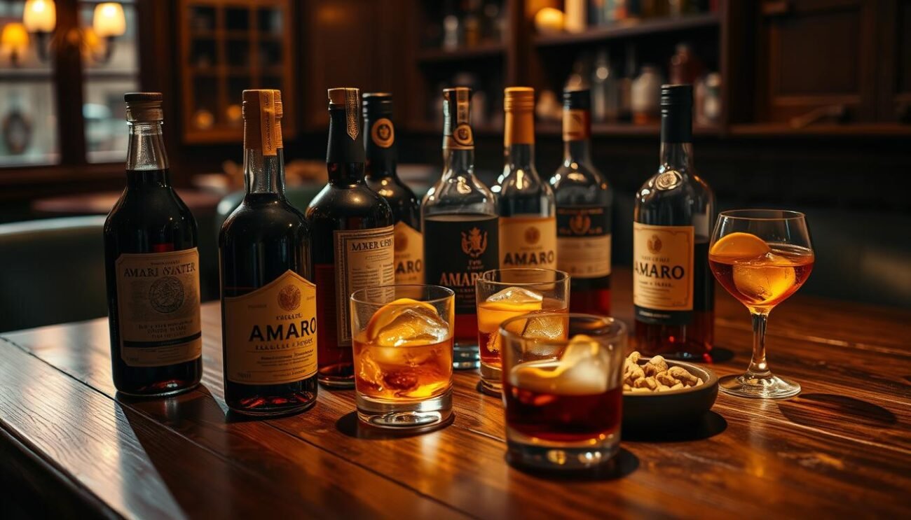 a dimly lit wooden table with a selection of italian amaro liqueur bottles arranged artfully, some glasses with amaro and ice, slices of orange and lemon, and a small dish of nuts or biscotti. the lighting is warm and cozy, creating a sense of sophisticated tasting ritual. the bottles and glassware are in focus, with a softly blurred background hinting at a larger setting, perhaps a classic italian cafe or bar interior. the overall mood is one of refined indulgence and appreciation for the nuanced flavors of the amari.