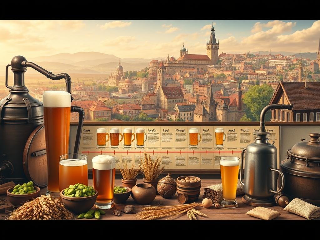 a photorealistic illustration of the evolution of ale and lager beers throughout history, depicting the brewing process, fermentation, and the distinct characteristics of each beer style. The foreground shows traditional brewing equipment and ingredients such as hops, barley, and yeast. The middle ground features a timeline of beer production, highlighting the key developments and innovations over the centuries. The background showcases a panoramic view of historic European brewing cities and landscapes, with a warm, nostalgic color palette. The overall composition conveys a sense of tradition, craftsmanship, and the rich cultural heritage of beer-making. a photorealistic illustration of the evolution of ale and lager beers throughout history, depicting the brewing process, fermentation, and the distinct characteristics of each beer style. The foreground shows traditional brewing equipment and ingredients such as hops, barley, and yeast. The middle ground features a timeline of beer production, highlighting the key developments and innovations over the centuries. The background showcases a panoramic view of historic European brewing cities and landscapes, with a warm, nostalgic color palette. The overall composition conveys a sense of tradition, craftsmanship, and the rich cultural heritage of beer-making.