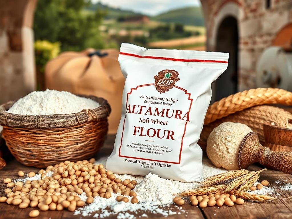 a traditional Italian DOP (Protected Designation of Origin) product, showcasing the unique characteristics and artisanal production of Altamura Soft Wheat Flour. Presented against a backdrop of rustic Italian countryside, the image depicts freshly milled flour, whole wheat kernels, and traditional baking tools. The scene exudes an aura of authenticity and time-honored craftsmanship, capturing the essence of the Altamura DOP Flour and its role in traditional Italian baking.