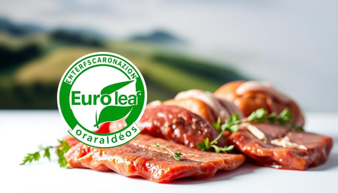 certificazione Euro-leaf, a clear and distinct organic certification label prominently displayed on high-quality organic meat products. The label is set against a crisp, clean background, illuminated by soft, even lighting that accentuates its bold, geometric design. The foreground features the certification seal in vibrant green and white tones, conveying a sense of purity and environmental stewardship. The middle ground showcases a selection of organic meat cuts, expertly arranged to showcase their natural textures and rich colors. The background offers a subtle, out-of-focus glimpse of a pastoral farming landscape, hinting at the care and attention to detail that goes into producing truly organic, sustainable meat. The overall composition exudes a sense of quality, transparency, and a commitment to ethical agricultural practices.