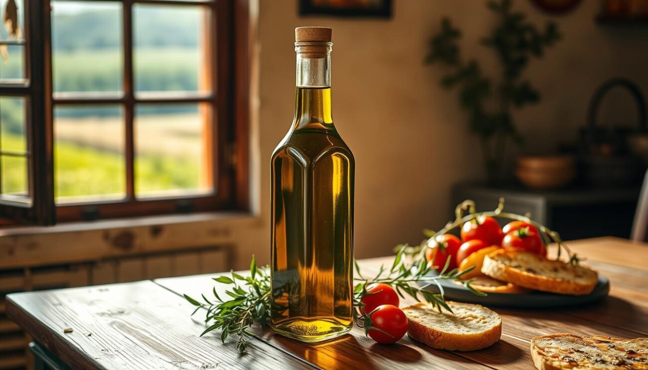 A beautiful bottle of extra virgin olive oil stands prominently on a rustic wooden table, surrounded by fragrant herbs, juicy tomatoes, and crisp bread slices. Soft, warm lighting from a nearby window illuminates the scene, creating a cozy, inviting atmosphere. The oil's deep golden hue glistens, promising a rich, flavorful experience. In the background, a lush, verdant Italian landscape can be seen through an open window, hinting at the oil's origin and the tradition behind its production. This image perfectly captures the essence of the Lazio region's renowned olive oil and its harmonious pairing with the local cuisine.