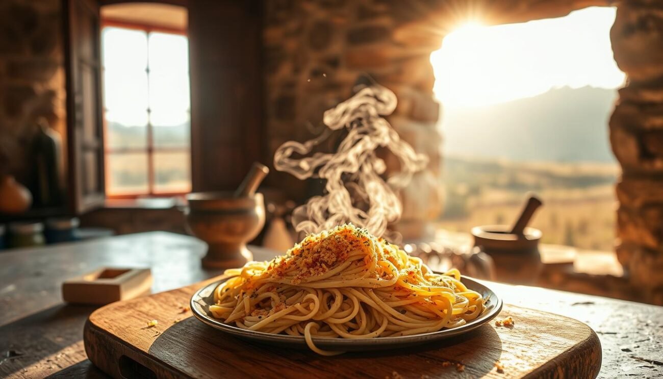 A beautifully aged stone kitchen, dappled with warm sunlight through an open window. In the foreground, a wooden board holds a steaming plate of Tumact Me Tulez - a rustic pasta dish, the fried breadcrumbs glistening atop the tangled strands. Trailing tendrils of steam rise, carrying the savory scent of garlic and herbs. In the middle ground, a weathered mortar and pestle stand ready, hinting at the traditional preparation methods. Beyond, the background reveals a glimpse of the Lucanian countryside, rolling hills and distant olive groves under a hazy, golden sky. This hidden culinary treasure from Avigliano, Basilicata, evokes a sense of timeless tradition and artisanal craftsmanship. A beautifully aged stone kitchen, dappled with warm sunlight through an open window. In the foreground, a wooden board holds a steaming plate of Tumact Me Tulez - a rustic pasta dish, the fried breadcrumbs glistening atop the tangled strands. Trailing tendrils of steam rise, carrying the savory scent of garlic and herbs. In the middle ground, a weathered mortar and pestle stand ready, hinting at the traditional preparation methods. Beyond, the background reveals a glimpse of the Lucanian countryside, rolling hills and distant olive groves under a hazy, golden sky. This hidden culinary treasure from Avigliano, Basilicata, evokes a sense of timeless tradition and artisanal craftsmanship.