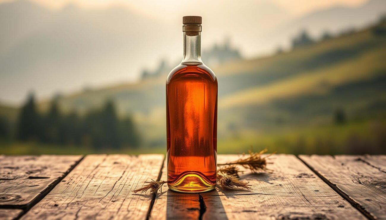 A beautifully crafted image of "grappa fieno", a traditional Italian grappa infused with the essence of alpine meadow hay. The glass bottle stands prominently in the foreground, its elegant shape catching the soft, warm light from an unseen source. The middle ground features a rustic wooden table, its surface weathered by time, complementing the artisanal nature of the drink. In the background, a hazy, atmospheric landscape unfolds, hinting at the alpine origins of the ingredients, with distant snowcapped peaks and lush, verdant meadows. The overall composition conveys a sense of craftsmanship, tradition, and the natural beauty of the Italian Alps, perfectly capturing the essence of the "Composizione e Processo di Produzione" section of the article. A beautifully crafted image of "grappa fieno", a traditional Italian grappa infused with the essence of alpine meadow hay. The glass bottle stands prominently in the foreground, its elegant shape catching the soft, warm light from an unseen source. The middle ground features a rustic wooden table, its surface weathered by time, complementing the artisanal nature of the drink. In the background, a hazy, atmospheric landscape unfolds, hinting at the alpine origins of the ingredients, with distant snowcapped peaks and lush, verdant meadows. The overall composition conveys a sense of craftsmanship, tradition, and the natural beauty of the Italian Alps, perfectly capturing the essence of the "Composizione e Processo di Produzione" section of the article.