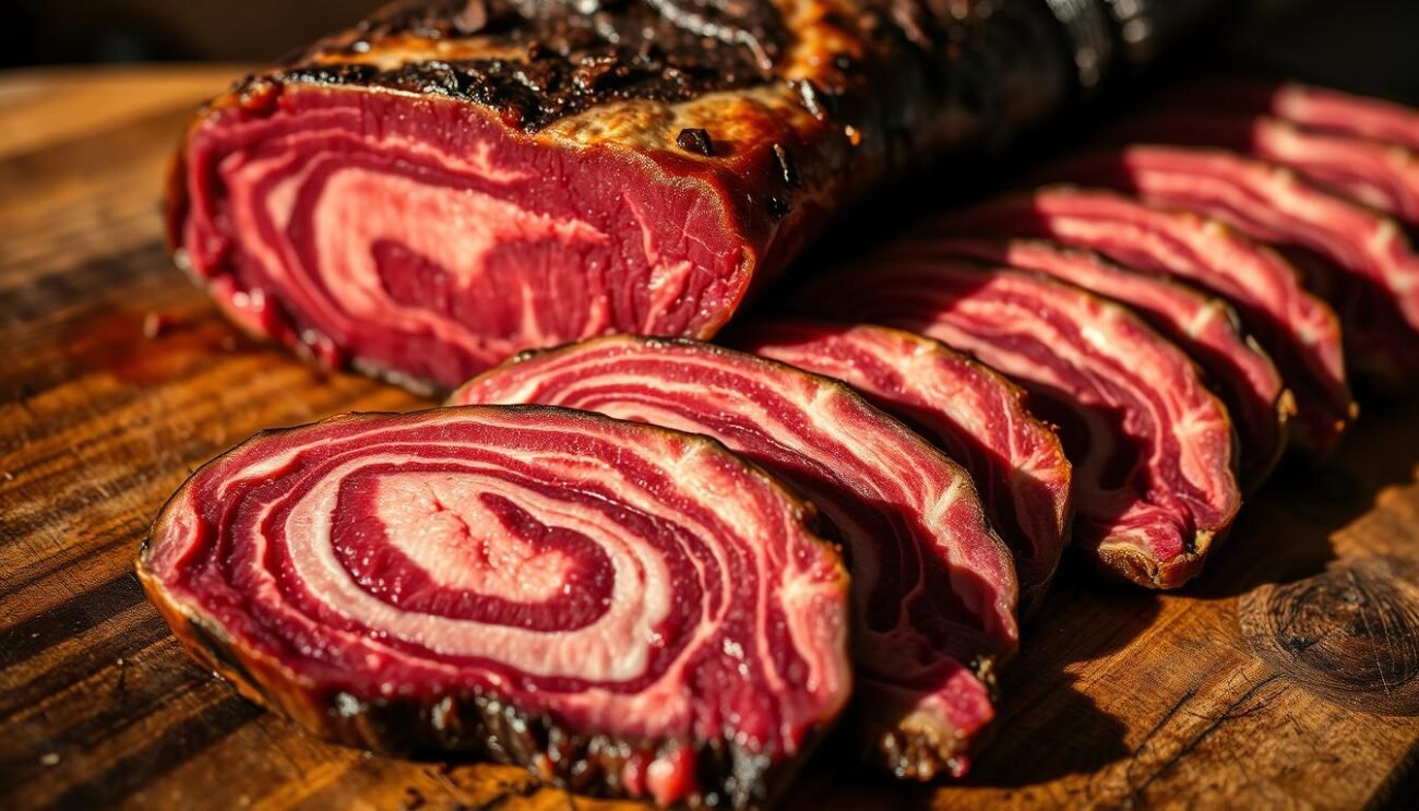 A beautifully lit, close-up photograph of freshly cut, mouthwatering slices of aged beef, meticulously arranged on a rustic wooden surface. The meat's deep, rich hues and intricately marbled texture evoke the artful process of dry-aging, revealing the essence of the "frollatura" technique. Soft, warm lighting casts gentle shadows, emphasizing the meat's supple, tender nature. The image conveys a sense of craftsmanship, patience and the reverence for high-quality ingredients that characterize the best Italian culinary traditions.