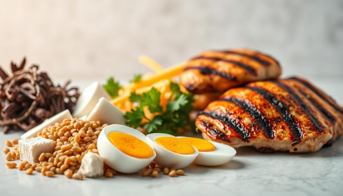 A beautifully lit, high-resolution photograph showcasing a vibrant visual comparison of plant-based and animal-based protein sources. In the foreground, an array of whole food protein options including tofu, lentils, eggs, and grilled chicken breast, all positioned artfully on a clean, minimalist surface. The middle ground features a subtle, out-of-focus backdrop of a natural, rustic setting, evoking a sense of health and wellness. The lighting is soft and diffused, creating a warm, inviting atmosphere. The overall composition emphasizes the striking visual contrast between the different protein sources, inviting the viewer to contemplate their unique characteristics and nutritional profiles.