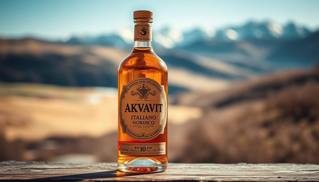 A bottle of Akvavit Italiano Nordico, a fusion drink made with a Nordic-style caraway spirit and Italian herbs, sits on a rustic wooden table. The clear glass bottle is illuminated by warm, natural light, highlighting the amber hue of the liquid and the intricate label design. In the background, a blurred landscape of rolling hills and a distant, snowy mountain range creates a serene, Nordic-inspired atmosphere. The overall composition conveys a sense of craftsmanship, tradition, and the harmonious blending of Italian and Scandinavian influences.