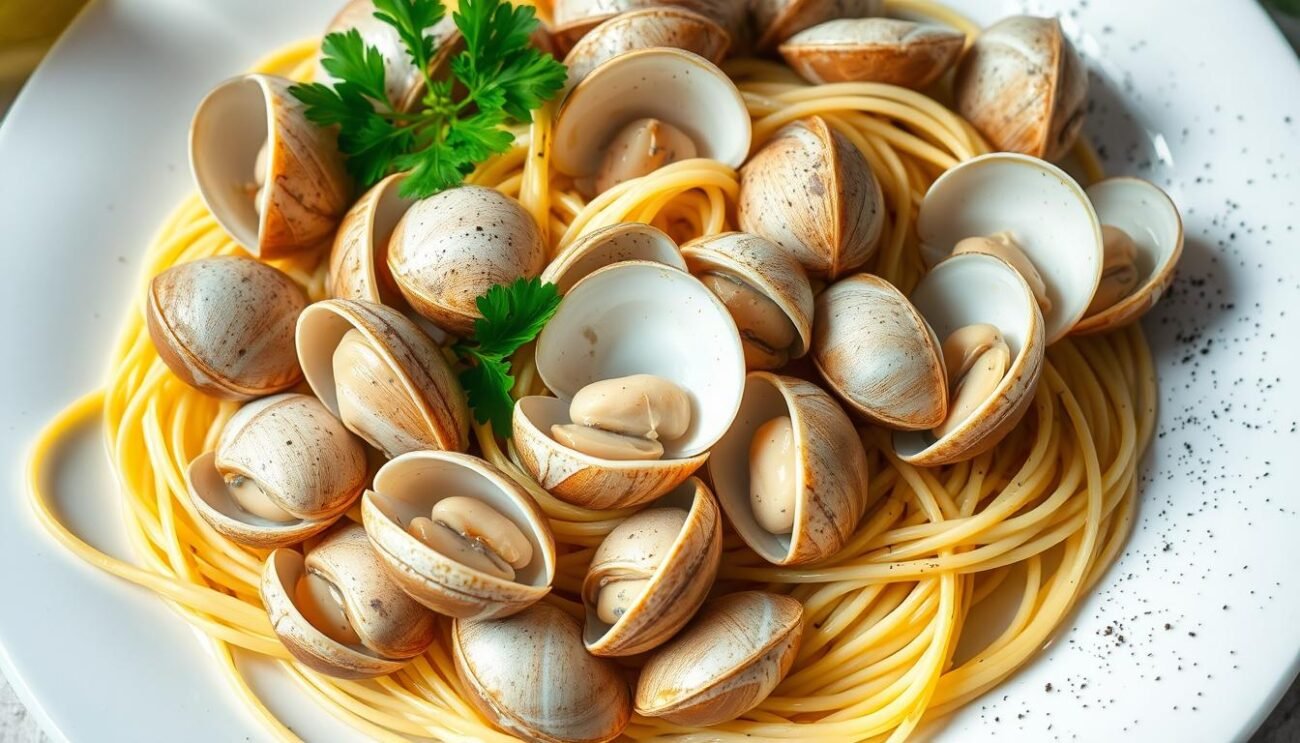 A bountiful arrangement of fresh, glistening vongole (clams) nestled amid a pile of long, slender spaghetti strands, complemented by vibrant sprigs of parsley, a drizzle of olive oil, and a subtle dusting of cracked black pepper. The scene is illuminated by soft, natural lighting, casting a warm, inviting glow on the ingredients, hinting at the delectable flavors to come. The composition is balanced, with the vongole taking center stage, surrounded by the supporting cast of pasta and seasonings, all set against a clean, minimalist backdrop that allows the star ingredients to shine. A bountiful arrangement of fresh, glistening vongole (clams) nestled amid a pile of long, slender spaghetti strands, complemented by vibrant sprigs of parsley, a drizzle of olive oil, and a subtle dusting of cracked black pepper. The scene is illuminated by soft, natural lighting, casting a warm, inviting glow on the ingredients, hinting at the delectable flavors to come. The composition is balanced, with the vongole taking center stage, surrounded by the supporting cast of pasta and seasonings, all set against a clean, minimalist backdrop that allows the star ingredients to shine.