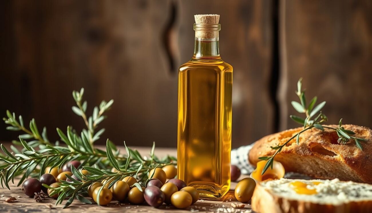 A bountiful bottle of golden extra virgin olive oil from the Basilicata region of Italy, captured in a warm, rustic still life. The rich, amber liquid glistens under soft, natural lighting, inviting the viewer to experience its depth of flavor. Surrounding the bottle are artfully arranged sprigs of fresh herbs, a scatter of whole olives, and a slice of crusty bread, hinting at the oil's culinary versatility. The composition evokes the rich traditions and local terroir that imbue this DOP-protected Lucano olive oil with its unique character. A scene that captures the essence of the Basilicata olive oil's role in the regional cuisine.
