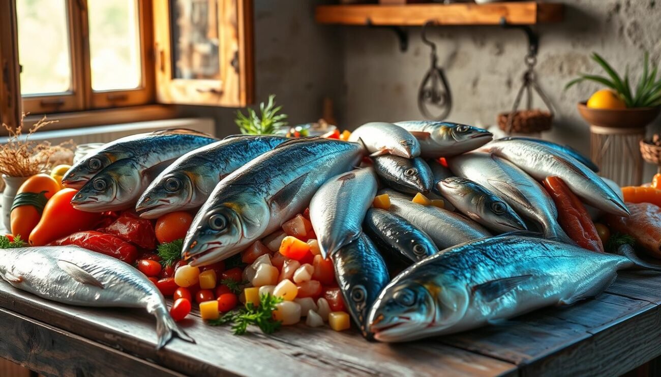 A bountiful selection of nutritious, protein-rich seafood displayed in a rustic Italian setting. A vibrant array of fresh fish, including glistening pesce, artfully arranged atop a weathered wooden table. Soft natural lighting filters through an open window, casting warm, golden hues and gentle shadows that accentuate the seafood's textures and colors. The scene evokes a sense of coastal Mediterranean abundance, inviting the viewer to consider alternative sources of high-quality protein beyond traditional meats.