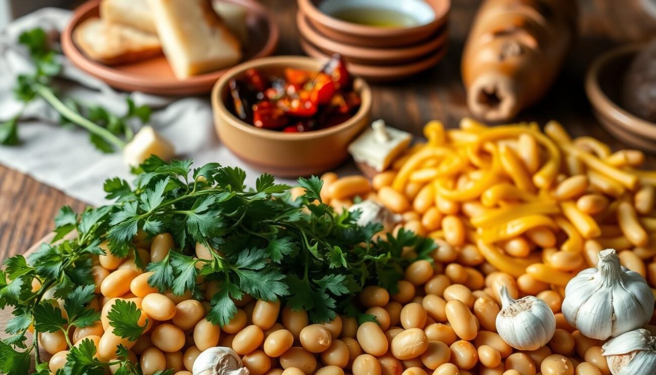 A bountiful still life arrangement showcasing the ingredients for the authentic Molisan pasta and bean dish, "Taccozze e Fagioli". In the foreground, a vibrant collection of tondini beans, fresh parsley, and aromatic garlic cloves. In the middle ground, a ceramic bowl filled with sun-dried tomatoes, Pecorino Romano cheese, and olive oil. In the background, a rustic wooden table with a linen tablecloth, complemented by earthenware plates and a crusty loaf of bread. The lighting is soft and natural, highlighting the rich colors and textures of the ingredients. The overall mood is one of rustic simplicity and culinary tradition, reflecting the heart of Molisan cuisine.