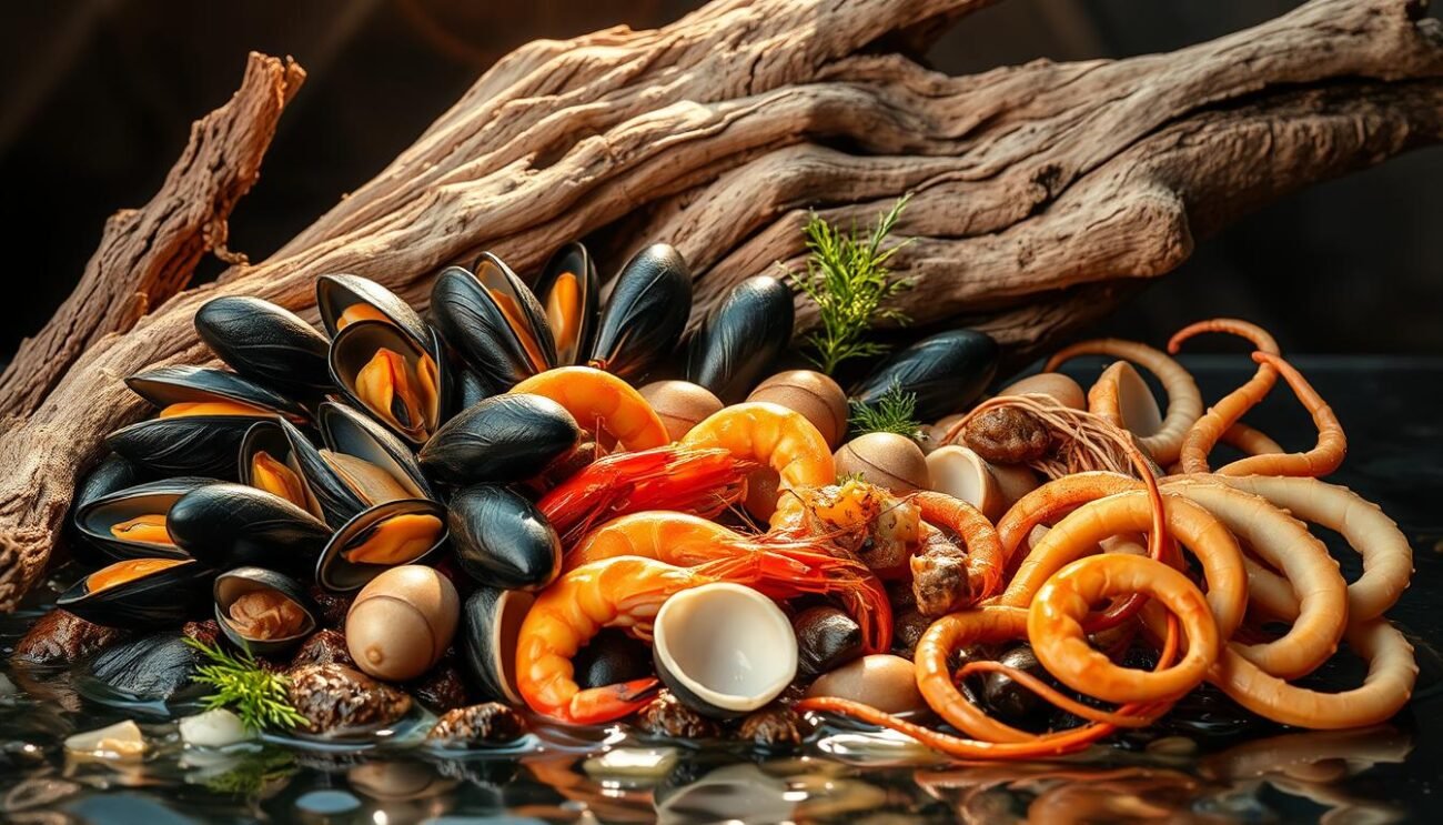 A bountiful still life of fresh frutti di mare, glistening with oceanic splendor. Vibrant mussels, succulent clams, plump shrimp, and tender squid arranged artfully against a backdrop of weathered driftwood. Beams of soft, golden light caress the scene, highlighting the rich, iron-infused hues of the seafood. Textural elements, such as the rough wood and the gently rippling water, lend depth and dimension to the composition. The mood is one of coastal tranquility, inviting the viewer to savor the nourishing, mineral-rich delicacies of the sea. A bountiful still life of fresh frutti di mare, glistening with oceanic splendor. Vibrant mussels, succulent clams, plump shrimp, and tender squid arranged artfully against a backdrop of weathered driftwood. Beams of soft, golden light caress the scene, highlighting the rich, iron-infused hues of the seafood. Textural elements, such as the rough wood and the gently rippling water, lend depth and dimension to the composition. The mood is one of coastal tranquility, inviting the viewer to savor the nourishing, mineral-rich delicacies of the sea.