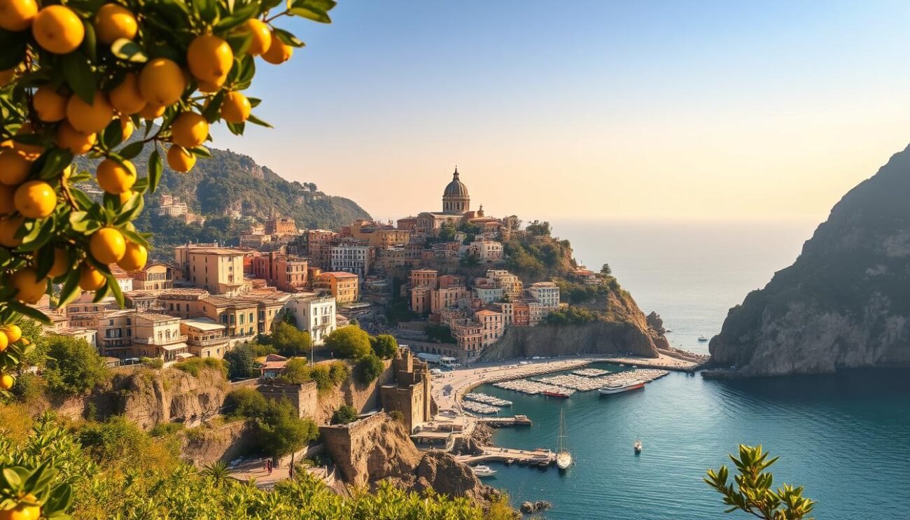 A breathtaking coastal landscape along the Amalfi Coast, Italy. In the foreground, vibrant lemon trees and colorful Mediterranean houses cling to the steep cliffs. The middle ground reveals a picturesque harbor with fishing boats bobbing on the azure waters. In the distance, the iconic Duomo di Amalfi cathedral stands tall, its golden dome gleaming in the warm, golden sunlight. The scene is bathed in a soft, hazy glow, creating a dreamy, timeless atmosphere that captures the rich history and culture of this stunning region. A breathtaking coastal landscape along the Amalfi Coast, Italy. In the foreground, vibrant lemon trees and colorful Mediterranean houses cling to the steep cliffs. The middle ground reveals a picturesque harbor with fishing boats bobbing on the azure waters. In the distance, the iconic Duomo di Amalfi cathedral stands tall, its golden dome gleaming in the warm, golden sunlight. The scene is bathed in a soft, hazy glow, creating a dreamy, timeless atmosphere that captures the rich history and culture of this stunning region.