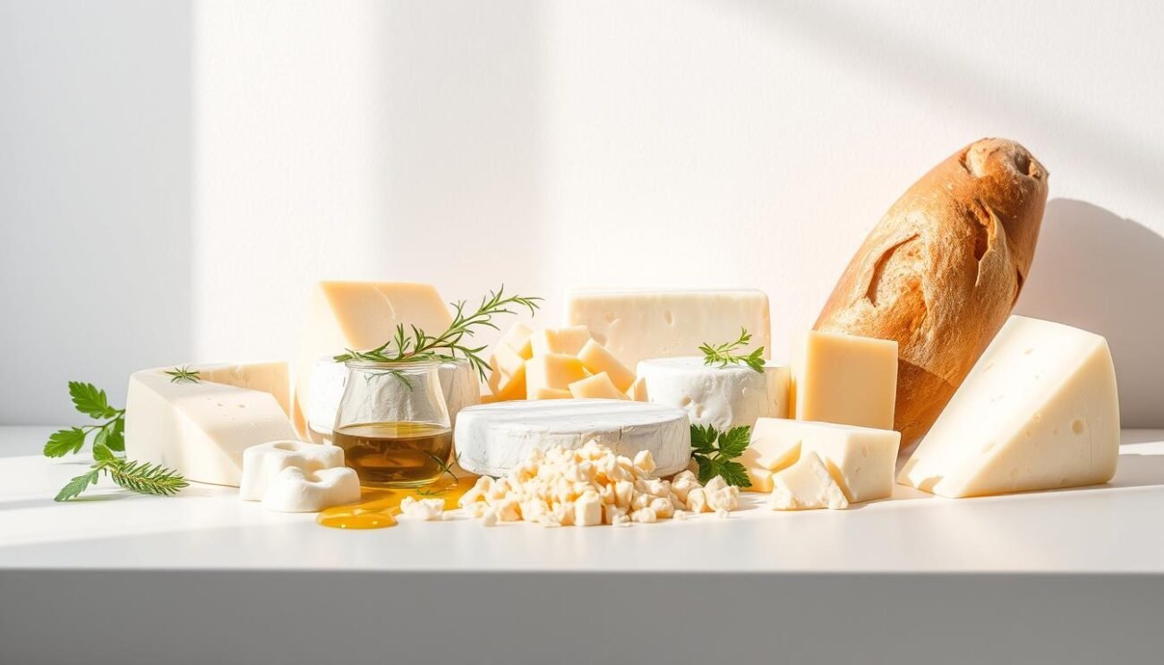 A bright, minimalist still life showcasing a variety of Italian cheeses and garnishes. The cheeses are displayed on a clean, white surface, with a simple backdrop of a neutral-colored wall. Shafts of natural light stream in, casting soft shadows and highlighting the textures and colors of the cheese wedges, slices, and crumbles. Complementary ingredients like fresh herbs, olive oil, and a crusty loaf of bread are arranged artfully around the cheeses, creating a visually appealing and appetizing composition. The mood is one of freshness, simplicity, and a celebration of the natural goodness of quality Italian cheese.