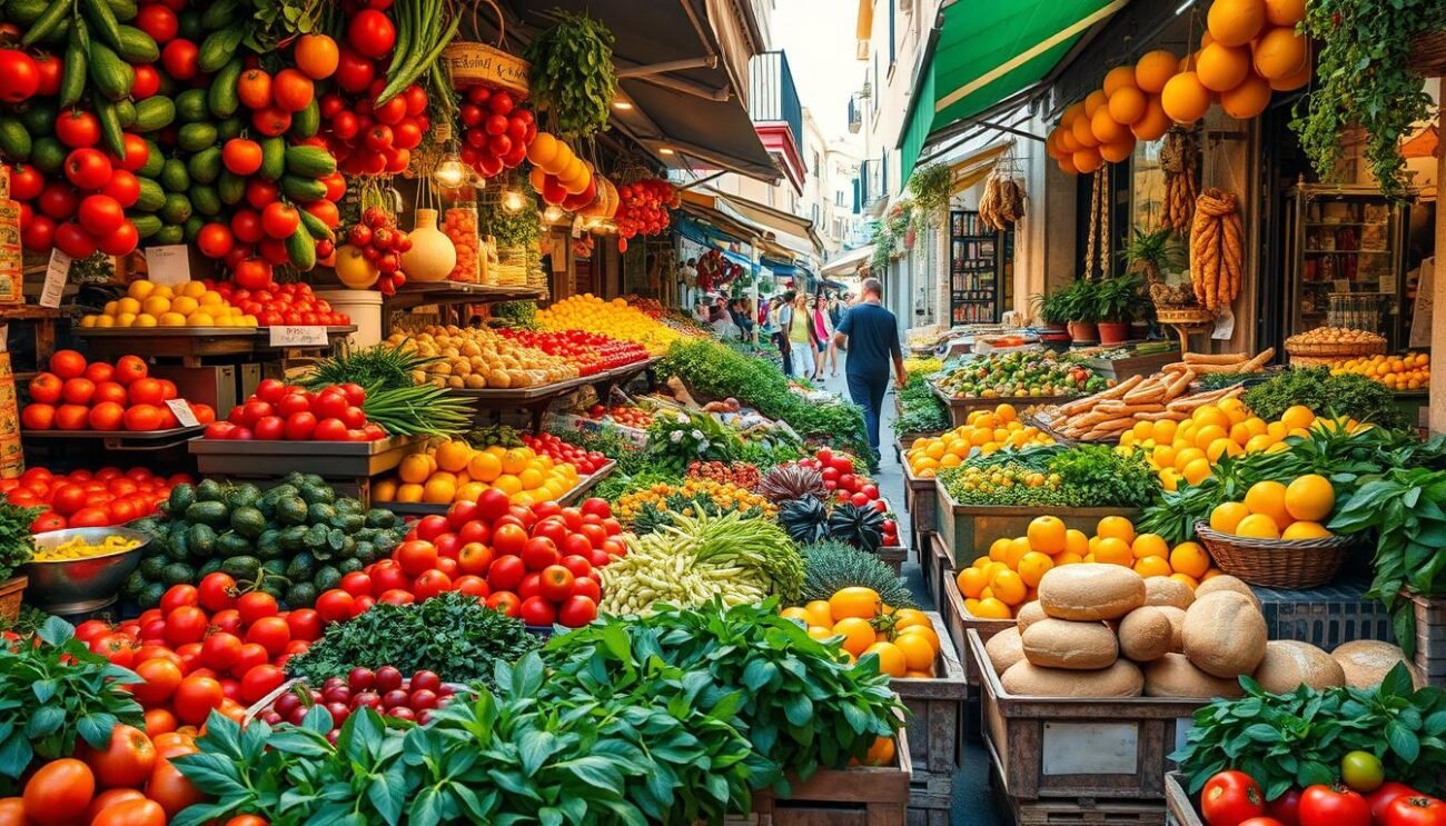 A bustling open-air market in the heart of Palermo, Sicily. Vibrant stalls overflow with a kaleidoscope of fresh produce - plump tomatoes, verdant leafy greens, fragrant herbs, and citrus fruits bursting with golden hues. The air is thick with the tantalizing aromas of sizzling seafood, simmering sauces, and the earthy scent of freshly baked bread. Artisanal vendors proudly display their regional specialties - aged cheeses, cured meats, and handcrafted pastas. A mosaic of cultural influences, from the Phoenicians to the Normans, is woven into the rich tapestry of Sicilian gastronomy. The scene is bathed in warm, golden light, capturing the essence of this island's proud culinary heritage. A bustling open-air market in the heart of Palermo, Sicily. Vibrant stalls overflow with a kaleidoscope of fresh produce - plump tomatoes, verdant leafy greens, fragrant herbs, and citrus fruits bursting with golden hues. The air is thick with the tantalizing aromas of sizzling seafood, simmering sauces, and the earthy scent of freshly baked bread. Artisanal vendors proudly display their regional specialties - aged cheeses, cured meats, and handcrafted pastas. A mosaic of cultural influences, from the Phoenicians to the Normans, is woven into the rich tapestry of Sicilian gastronomy. The scene is bathed in warm, golden light, capturing the essence of this island's proud culinary heritage.