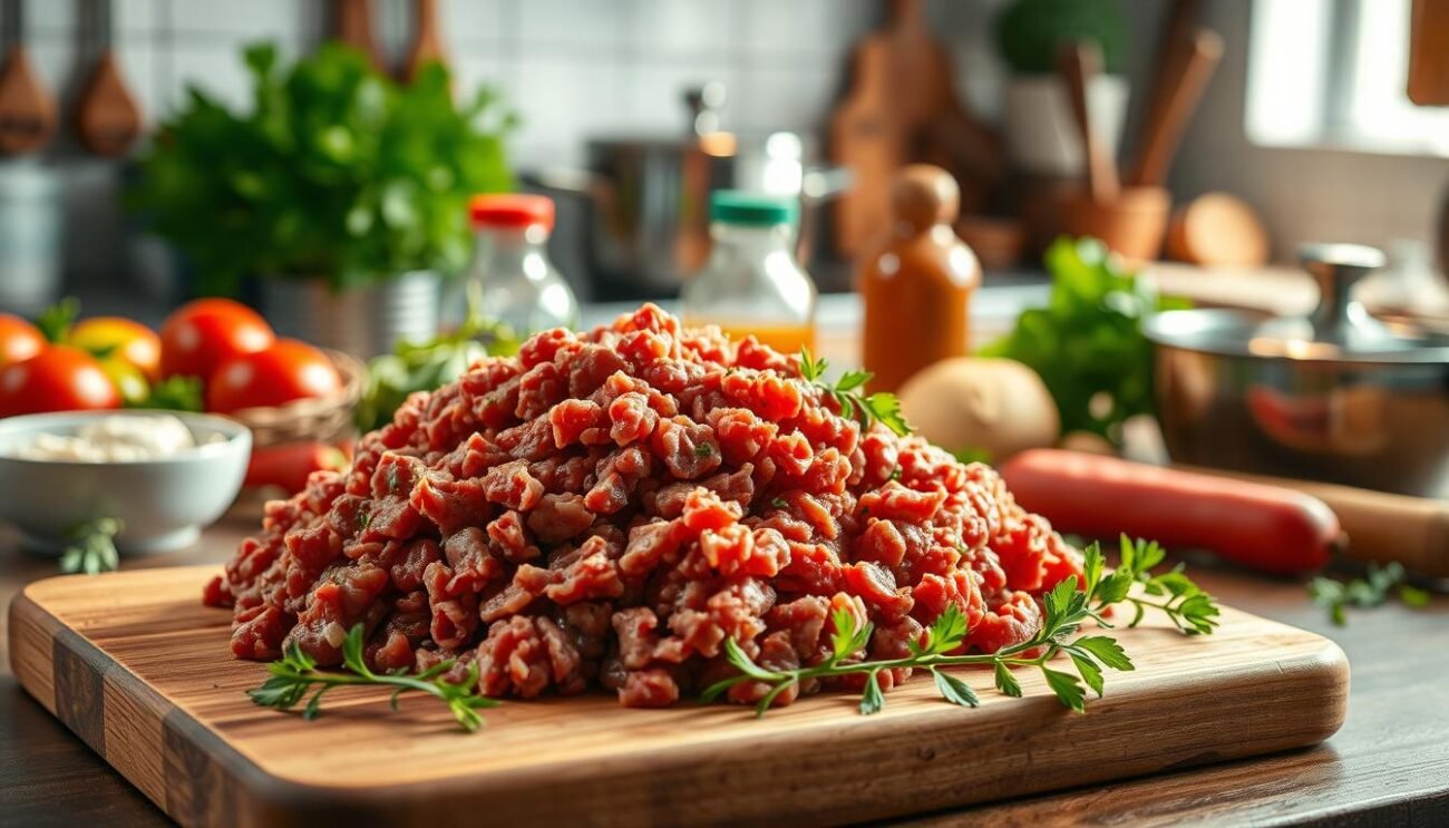 A carefully arranged still life showcasing the versatility of ground meat in Italian cuisine. In the foreground, a pile of freshly ground beef sits atop a wooden cutting board, its rich, earthy hues complemented by the warm glow of a single spotlight. In the middle ground, an array of fresh herbs and seasonings, their vibrant colors and textures hinting at the myriad ways this humble ingredient can be transformed. The background fades into a softly blurred scene, suggesting a well-appointed Italian kitchen, with hints of gleaming pots and pans, and the promise of culinary masterpieces to come.