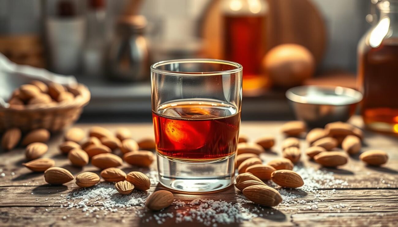 A carefully crafted glass of Amaretto Lombardo, a rich and complex liqueur with a deep amber hue. Illuminated by warm, golden light, the glass sits atop a rustic wooden surface, surrounded by scattered almond shells and a scattering of powdered sugar. In the background, a blurred impression of a traditional Italian kitchen, hinting at the artisanal process behind this beloved regional specialty. The overall scene conveys a sense of artisanal craftsmanship, tradition, and the harmonious blending of flavors that defines this unique Lombardian liqueur.