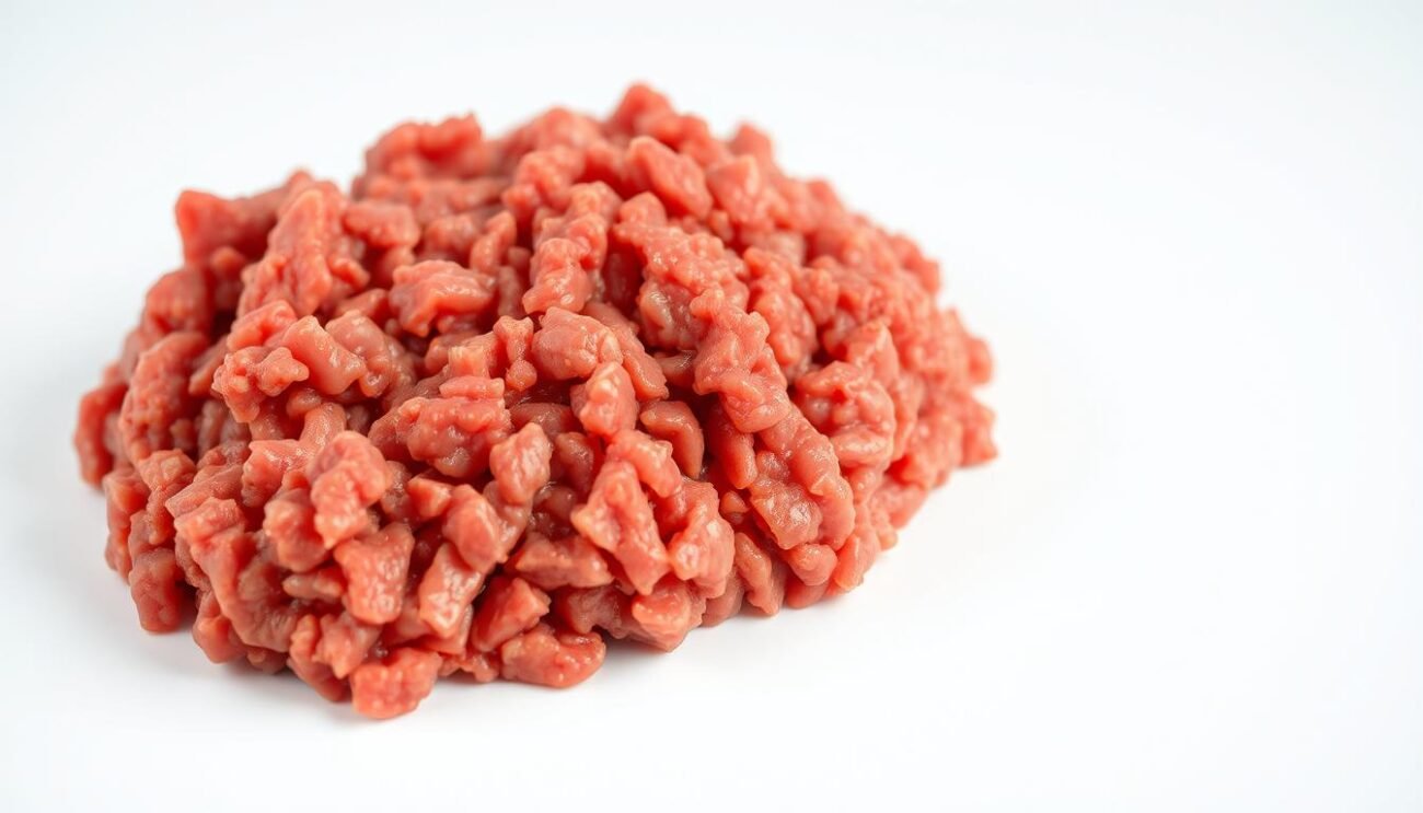 A carefully lit, close-up image of freshly ground beef, showcasing its rich, reddish-brown hue and fine, even texture. The meat is displayed against a clean, simple background, allowing its natural qualities to take center stage. The lighting accentuates the tender, juicy appearance of the minced meat, hinting at its potential for use in a variety of Italian culinary dishes. The camera angle and composition draw the viewer's attention to the premium quality and versatility of this essential kitchen staple.