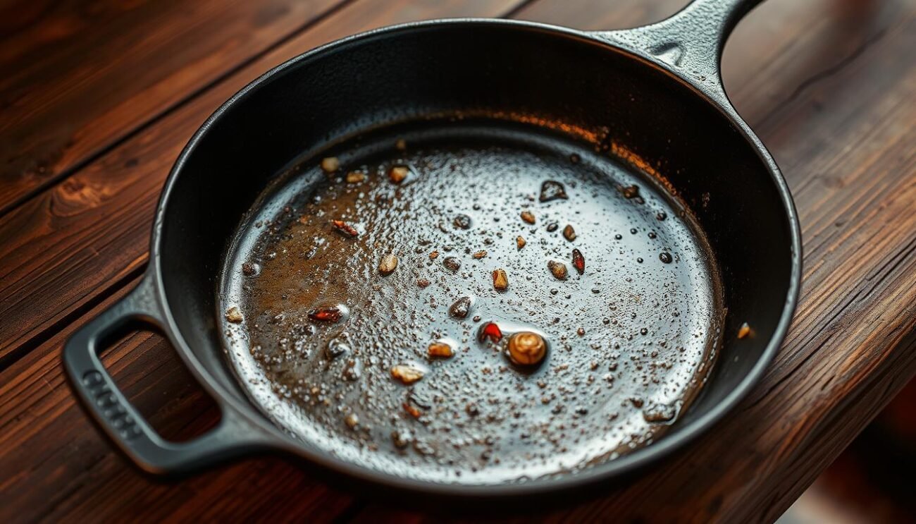 A cast iron pan, its surface worn from years of use, rests on a weathered wooden table. The pan's rich, dark patina gleams under the soft, warm lighting, casting a cozy glow throughout the scene. Bits of charred garlic and chili flakes cling to the pan's interior, hinting at the bold, flavorful dish it has recently held. The pan's sturdy, rounded shape and thick walls suggest its ability to evenly distribute heat, essential for creating the signature crispy texture of the Spaghetti all'Assassina. This image encapsulates the rustic, authentic character of this traditional Barese dish.