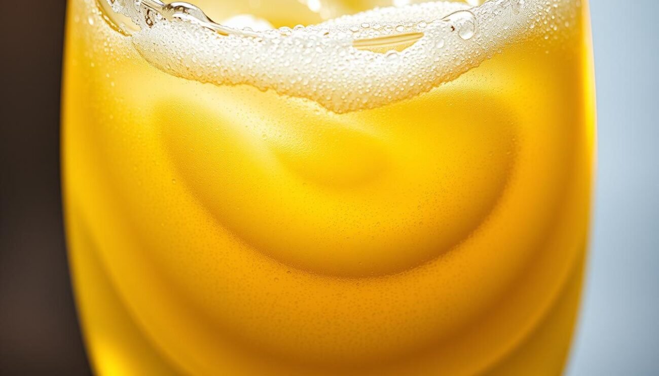 A chilled glass filled with a vibrant, foaming mixture of vodka, Prosecco, and pistachio gelato. Droplets of condensation glisten on the glass, reflecting the warm, golden lighting that illuminates the scene. The creamy, verdant gelato swirls gracefully, creating a mesmerizing spiral pattern as the fizzing Prosecco bubbles rise to the surface. The overall composition evokes a sense of refreshing, volcanic indulgence, perfectly capturing the essence of the "Sgroppino Vulcanico" cocktail.