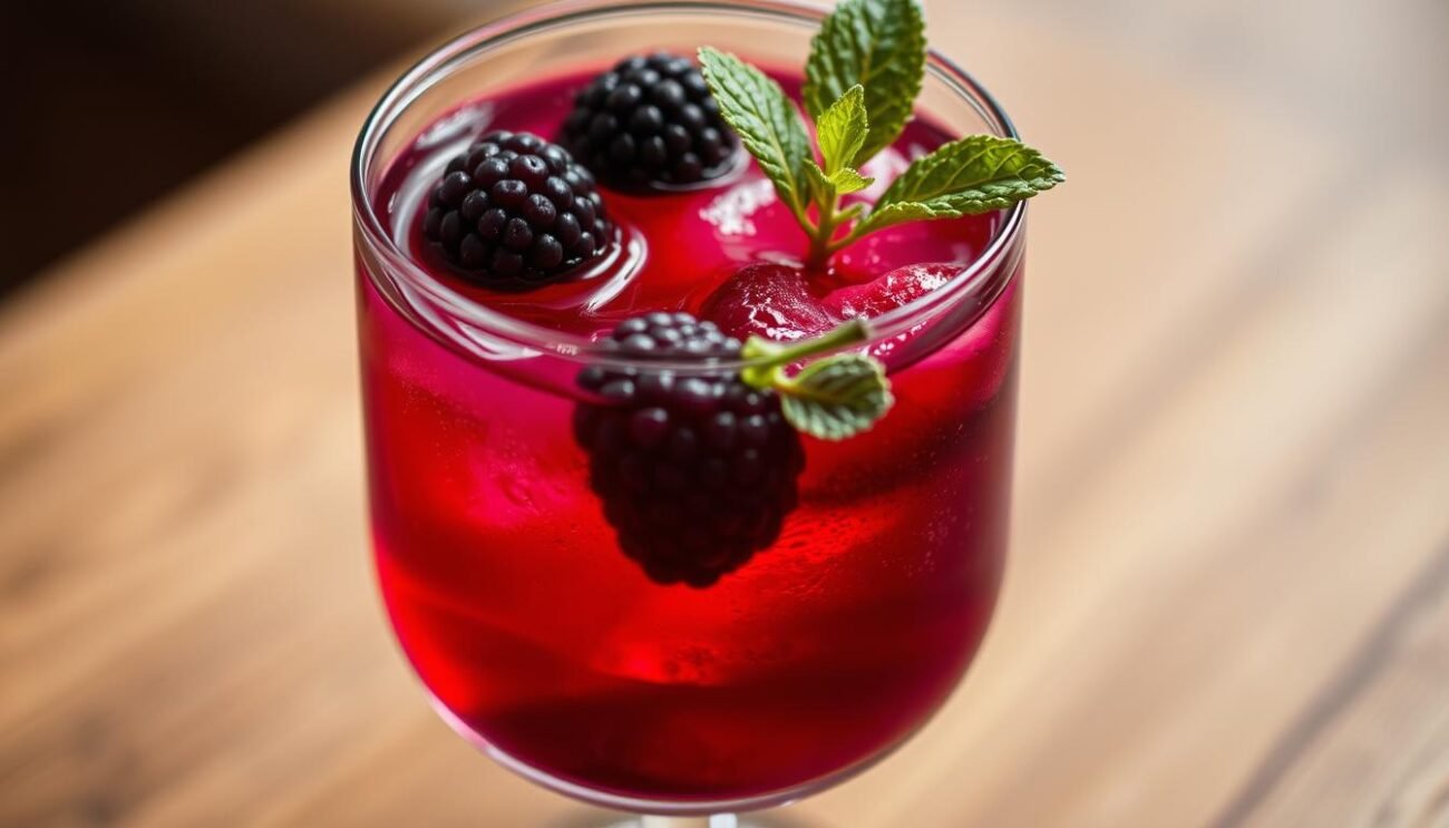 A chilled glass filled with a vibrant reddish-purple liquid, garnished with a sprig of fresh mint and a few juicy blackberries. The drink appears to be Crodino Selvaggio, a non-alcoholic Italian aperitif infused with a homemade shrub of wild berries. The lighting is soft and warm, creating a cozy, inviting atmosphere. The camera angle is positioned slightly above the glass, capturing the intricate layers of the drink and its alluring presentation. The background is blurred, placing the focus entirely on the captivating Crodino Selvaggio cocktail.
