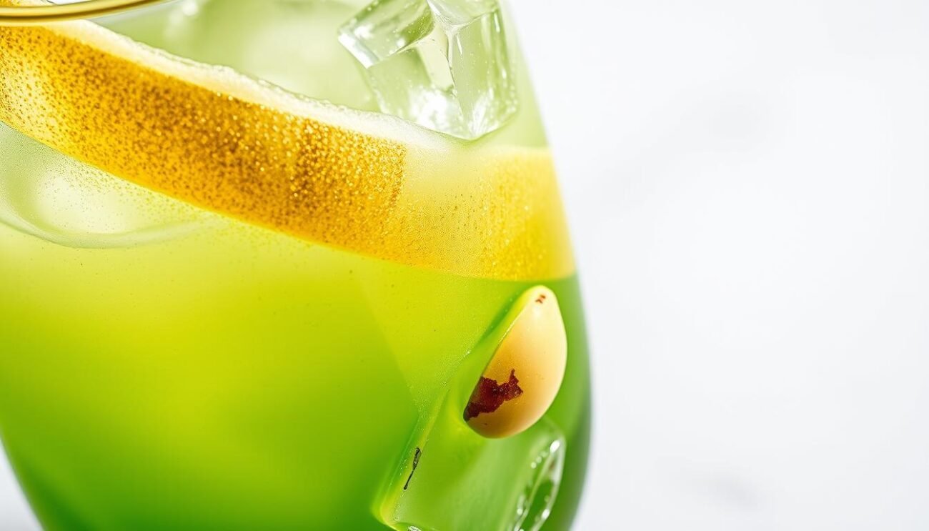 A chilled glass filled with a vivid green sorbetto, swirled with a golden stream of Prosecco. Luscious pistachios from Mount Etna, freshly ground, infuse the creamy texture. Spheres of frozen Prosecco float amidst the frothy, effervescent blend. Glacial cubes of ice, glistening like diamonds, add a crisp counterpoint. Bright, clean lighting illuminates the drink's vibrant colors, captured from a low, angled perspective to highlight the layers of texture and depth. Hints of volcanic ash and charred wood evoke the drink's fiery, primordial inspiration. An irresistible, sophisticated cocktail, bursting with the flavors of Sicily.