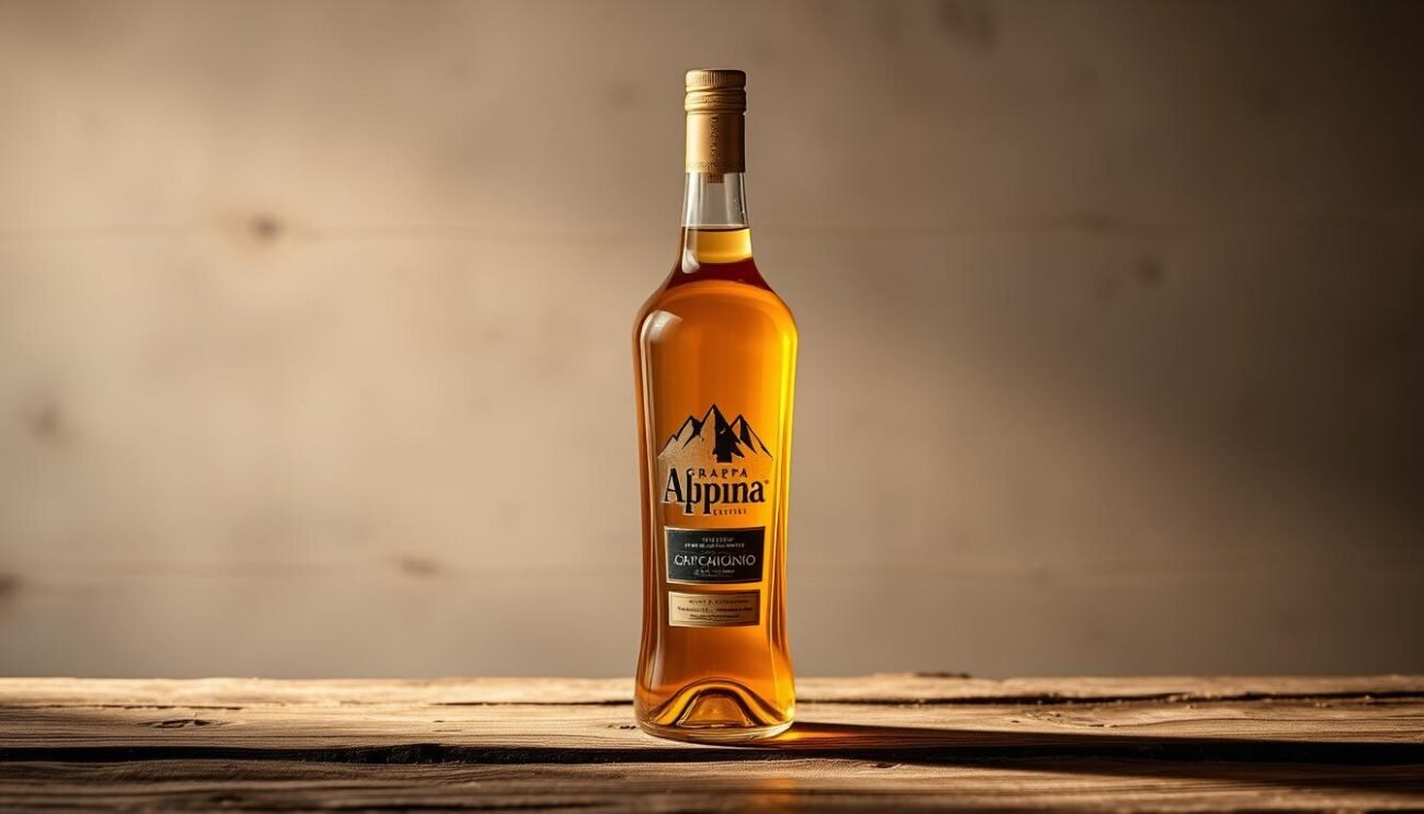 A classic Italian Grappa Alpino bottle, standing tall and proud on a rustic wooden table. The bottle's shapely form is accentuated by a warm, golden light, casting gentle shadows that highlight its contours. The label features the brand's iconic mountain silhouette, hinting at the alpine origins of this infused Grappa. The background is a soft, muted palette, allowing the bottle to take center stage, capturing the essence of the "Presentazione e Bottiglia Psenner" section. This image evokes the traditional craftsmanship and natural, mountain-inspired character of the Grappa Alpino.