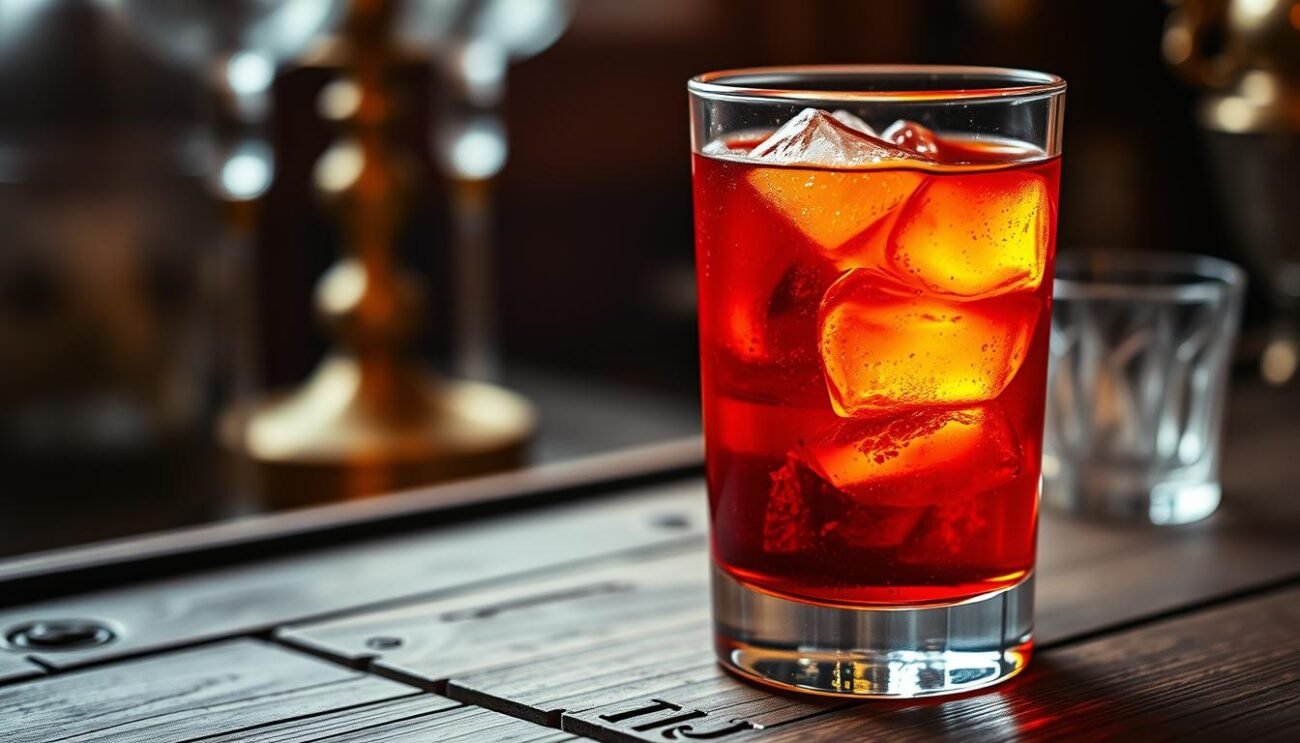 A classic Italian Negroni cocktail, aged for 30 days in a robust oak barrel. The amber-hued liquid shimmers in a heavy-bottomed tumbler, its layers of botanicals and subtle oak notes clearly visible. Warm, diffused lighting casts a soft glow, while the glass sits atop a weathered wooden surface, evoking an old-world Italian bar. In the background, a hint of ornate glassware and brass accents suggest an elegant, intimate setting. The Negroni Invecchiato Rovere - a time-honored Italian tradition, now presented in a refined, sophisticated manner.