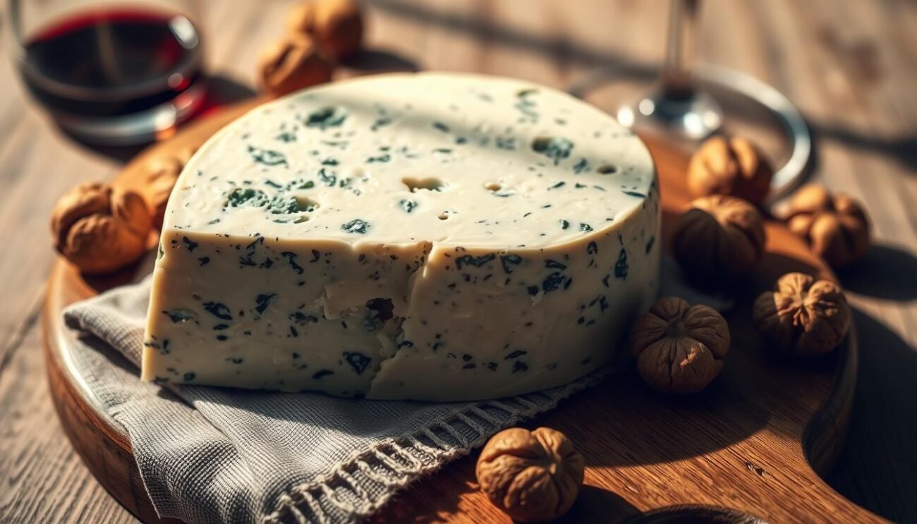 A classic Italian blue cheese, Gorgonzola, nestled on a wooden board. Its distinctive veined texture and creamy, pungent aroma filling the frame. The cheese sits atop a rustic linen cloth, surrounded by a few walnuts and a glass of red wine, casting warm shadows across the composition. The lighting is soft and diffused, creating a cozy, inviting atmosphere that evokes the artisanal craftsmanship and centuries-old traditions of this iconic Italian delicacy.