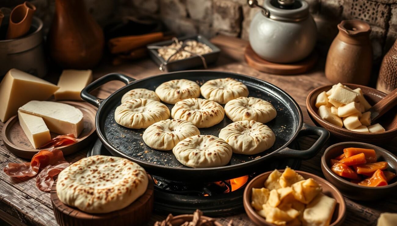 A classic Italian bread, tigelle are soft, round flatbreads with a distinctive griddle-marked surface. In a rustic kitchen setting, capture the traditional process of making tigelle. Show the dough being kneaded and shaped into small rounds, then placed on a cast-iron griddle over an open flame, sizzling and puffing up. Surround the scene with classic Emilian ingredients like wedges of Parmigiano-Reggiano, slices of prosciutto, and a dish of rich, creamy lardo. Bathe the whole composition in warm, golden light, evoking the comfort and tradition of this beloved regional specialty. A classic Italian bread, tigelle are soft, round flatbreads with a distinctive griddle-marked surface. In a rustic kitchen setting, capture the traditional process of making tigelle. Show the dough being kneaded and shaped into small rounds, then placed on a cast-iron griddle over an open flame, sizzling and puffing up. Surround the scene with classic Emilian ingredients like wedges of Parmigiano-Reggiano, slices of prosciutto, and a dish of rich, creamy lardo. Bathe the whole composition in warm, golden light, evoking the comfort and tradition of this beloved regional specialty.