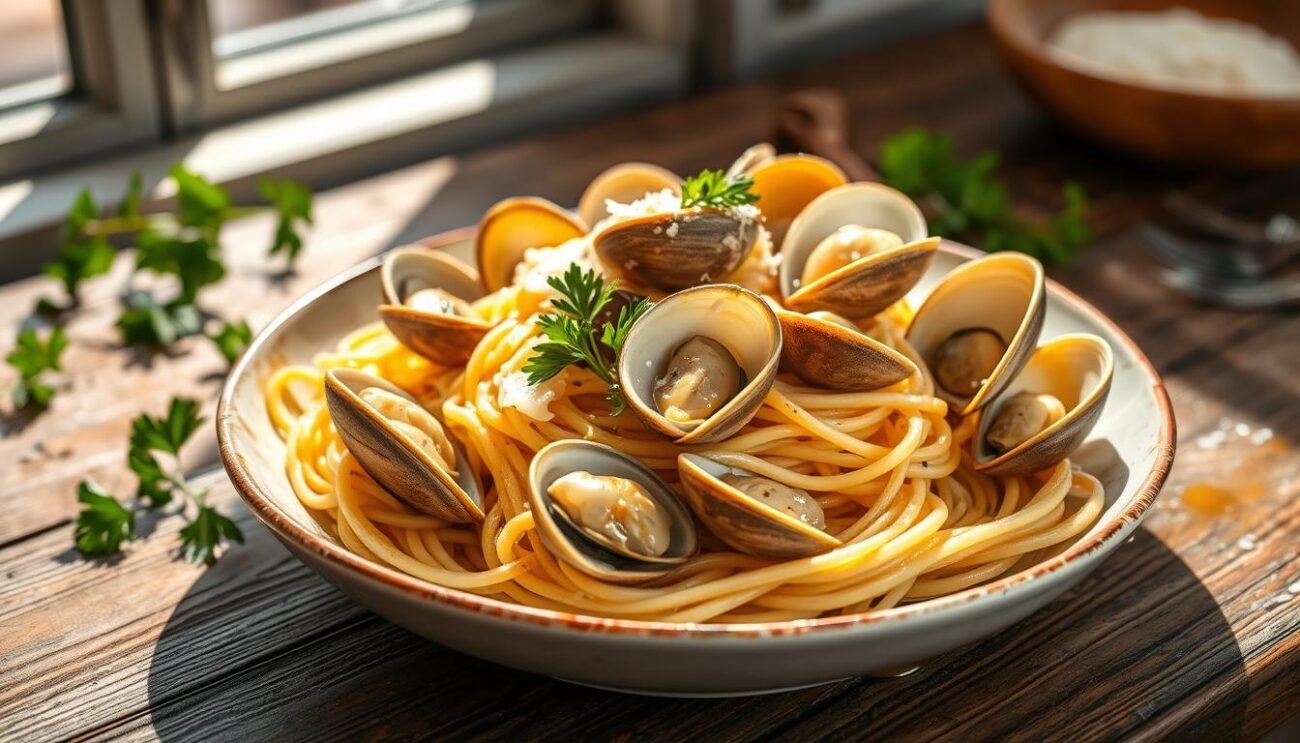 A classic Neapolitan dish on a rustic wooden table, sunlight filtering through a window illuminating the vibrant colors. Perfectly al dente spaghetti nestled among plump, glistening vongole veraci (baby clams), their shells open to reveal the tender meat within. Fresh Italian parsley sprigs, a dusting of Parmesan, and a drizzle of golden olive oil complete the scene. The aroma of the sea and the warmth of the Mediterranean waft through the air, transporting the viewer to a cozy trattoria in Naples. A timeless culinary tradition captured in a single, mouthwatering image. A classic Neapolitan dish on a rustic wooden table, sunlight filtering through a window illuminating the vibrant colors. Perfectly al dente spaghetti nestled among plump, glistening vongole veraci (baby clams), their shells open to reveal the tender meat within. Fresh Italian parsley sprigs, a dusting of Parmesan, and a drizzle of golden olive oil complete the scene. The aroma of the sea and the warmth of the Mediterranean waft through the air, transporting the viewer to a cozy trattoria in Naples. A timeless culinary tradition captured in a single, mouthwatering image.