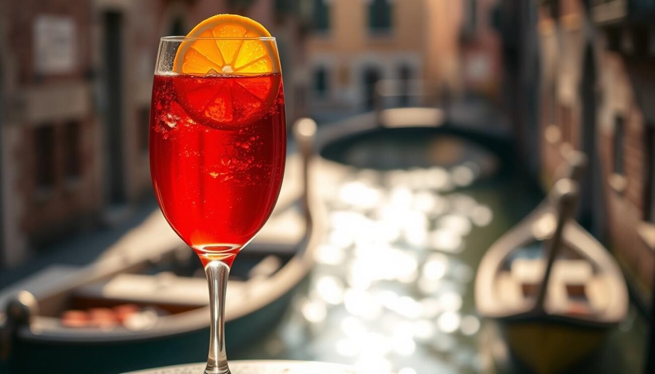 A classic Spritz Veneziano aperitif, featuring a vibrant ruby-red bitter liqueur and a crisp, shimmering golden-amber sparkling wine. The glass is adorned with a thin slice of orange, its vibrant hue echoing the warm, inviting ambiance. The scene is bathed in soft, natural lighting, casting a gentle glow that highlights the drink's effervescence. The setting evokes the historic streets and canals of Venice, with a sense of timeless tradition and leisurely enjoyment. The resulting image captures the essence of the "Spritz Venexian Antico" - a timeless, sophisticated Italian aperitivo. A classic Spritz Veneziano aperitif, featuring a vibrant ruby-red bitter liqueur and a crisp, shimmering golden-amber sparkling wine. The glass is adorned with a thin slice of orange, its vibrant hue echoing the warm, inviting ambiance. The scene is bathed in soft, natural lighting, casting a gentle glow that highlights the drink's effervescence. The setting evokes the historic streets and canals of Venice, with a sense of timeless tradition and leisurely enjoyment. The resulting image captures the essence of the "Spritz Venexian Antico" - a timeless, sophisticated Italian aperitivo.